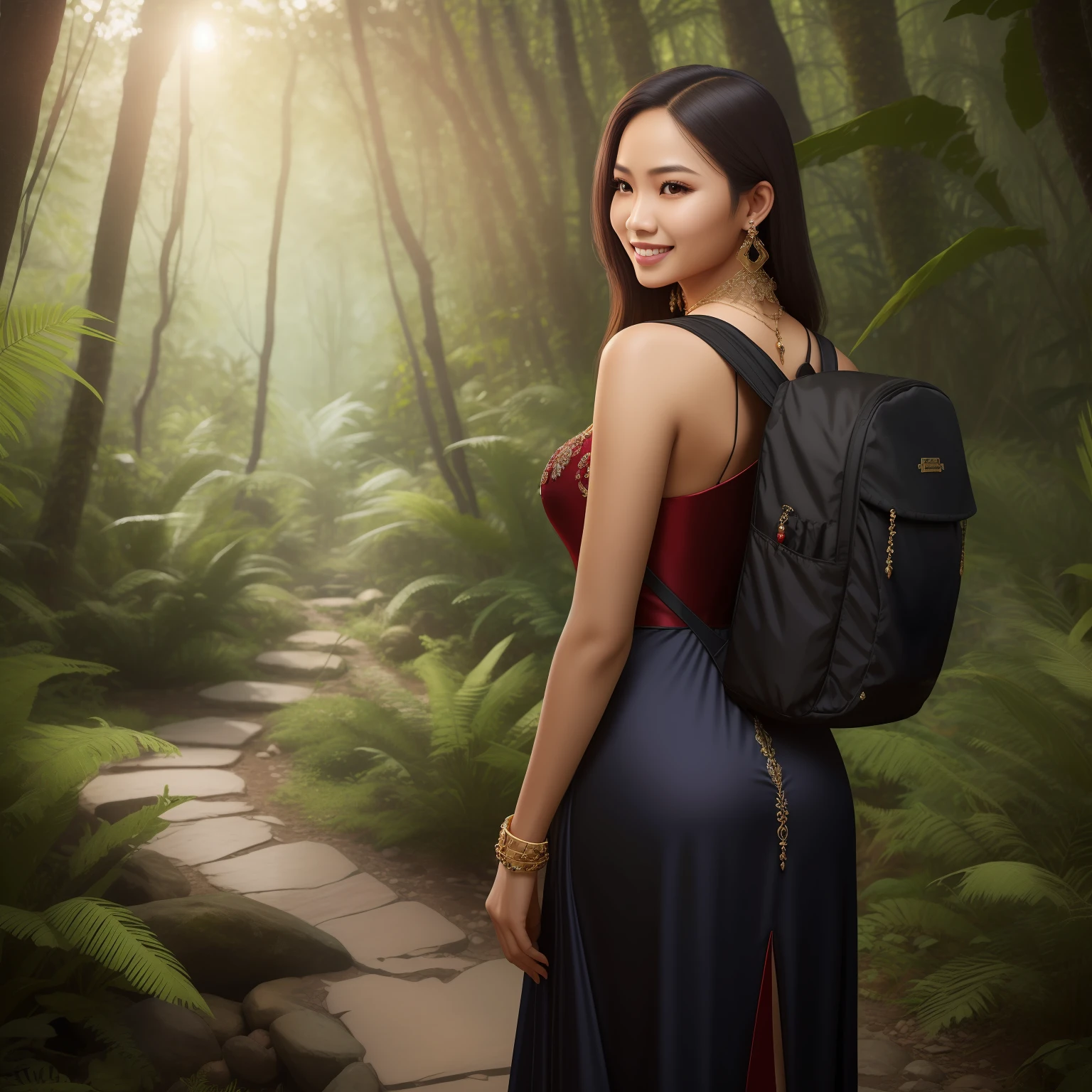 (photorealistic:1.1) Young Indonesian woman looking back over her shoulder and smiling while hiking in a dense forest, long elegant hair, wearing a red evening gown and hiking boots, wearing black backpack, lush vegetation, beautiful woman, stunning scenery, red satin evening gown (intricately detailed, embellished with rhinestones), ruby jewelry (earrings, necklace, bracelet)