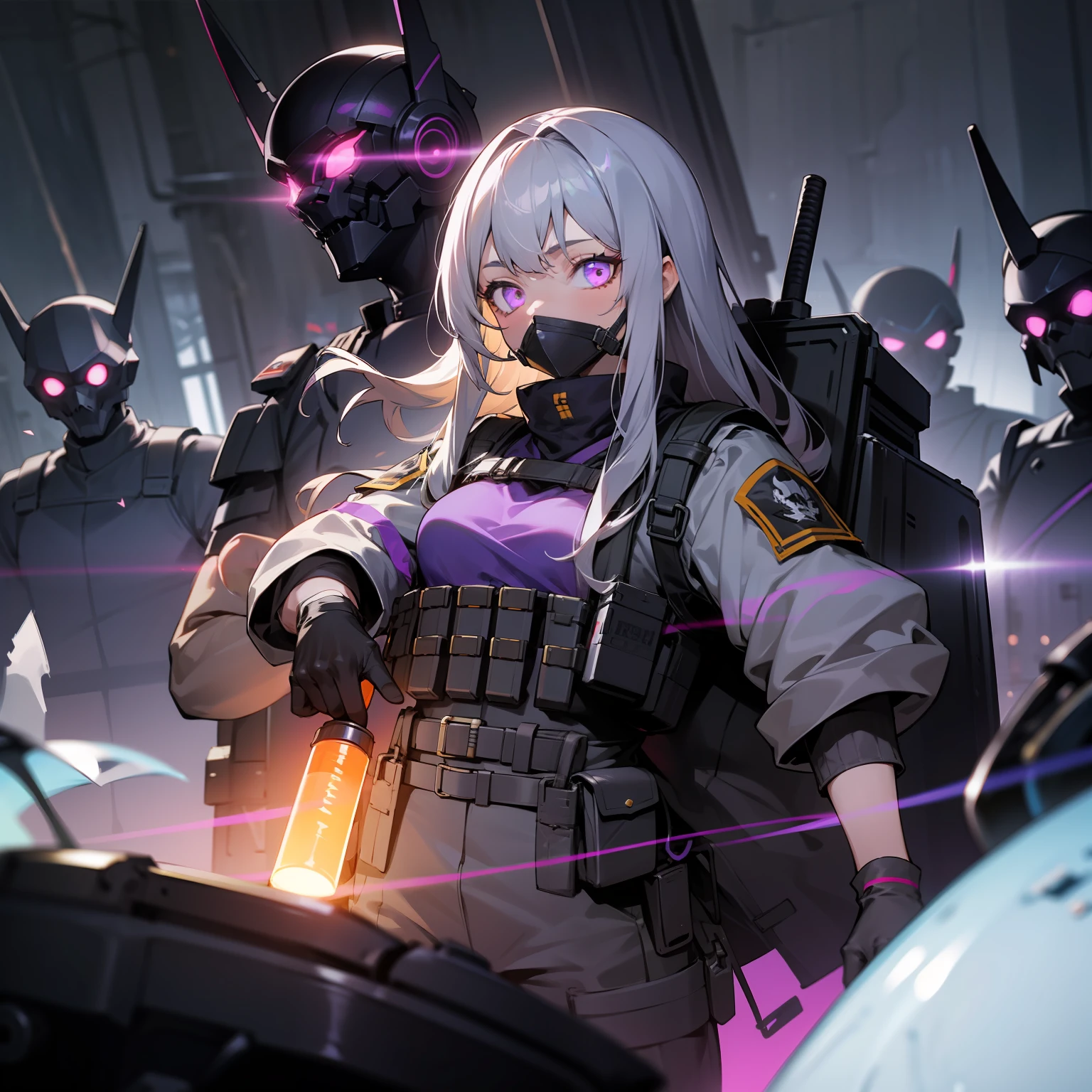 1girl, long gray hair, military gear, tactical vest, black clothes, oxygen mask, black gloves, glowing purple eyes, mechanized, surrounded by soldiers