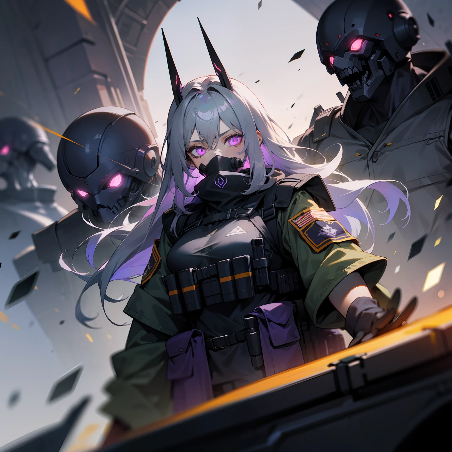 1girl, long gray hair, military gear, tactical vest, black clothes, oxygen mask, black gloves, glowing purple eyes, mechanized, surrounded by soldiers