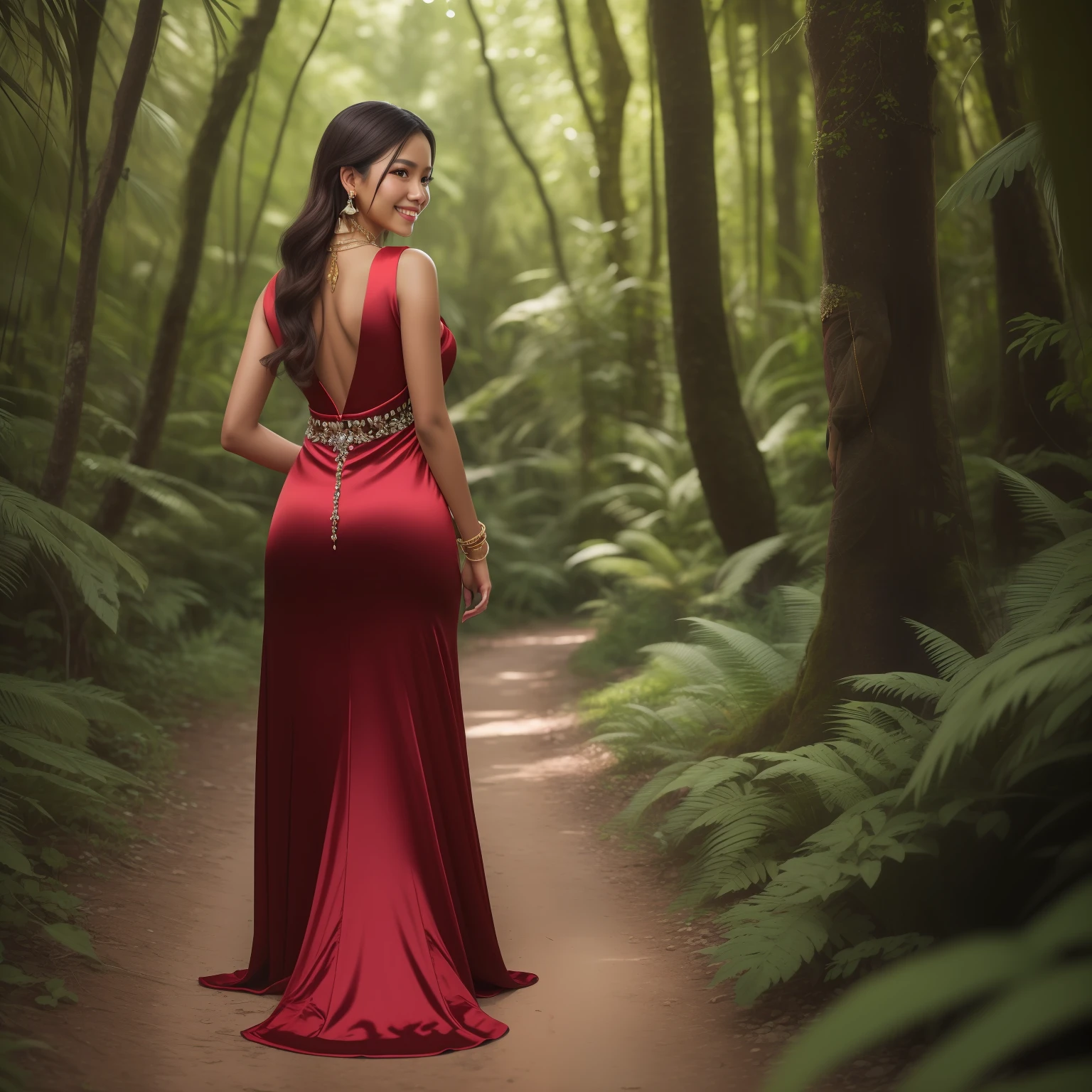 (photorealistic:1.1) Young Indonesian woman looking back over her shoulder and smiling while hiking in a dense forest, long elegant hair, wearing a red evening gown and hiking boots, wearing black backpack, lush vegetation, beautiful woman, stunning scenery, red satin evening gown (intricately detailed, embellished with rhinestones), ruby jewelry (earrings, necklace, bracelet)