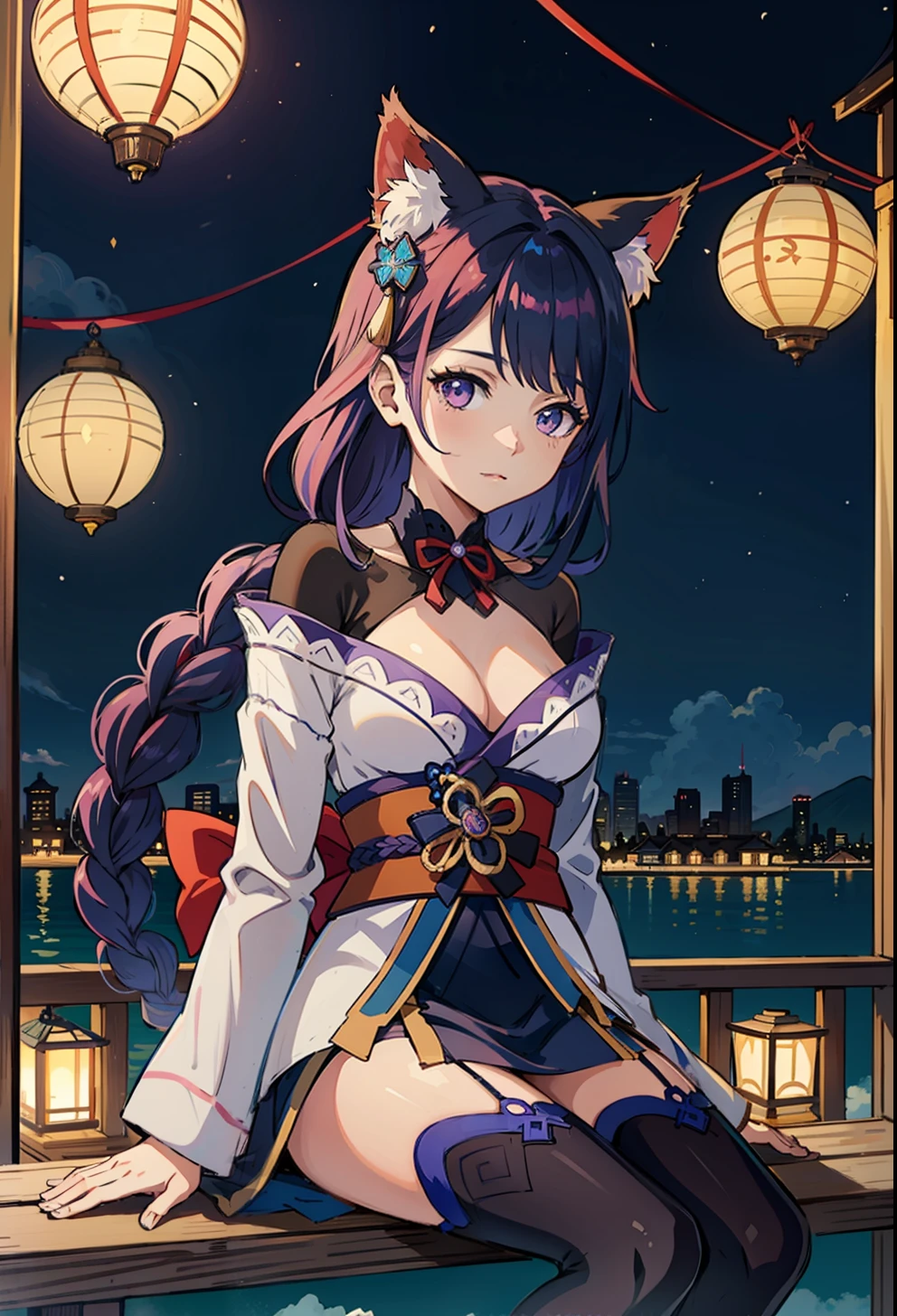 anime girl with long purple hair sitting on a ledge in front of lanterns, ayaka genshin impact, keqing from genshin impact, very beautiful anime cat girl, beautiful anime catgirl, ayaka game genshin impact, anime visual of a cute cat, anime visual of a cute girl, cute anime catgirl, zhongli from genshin impact