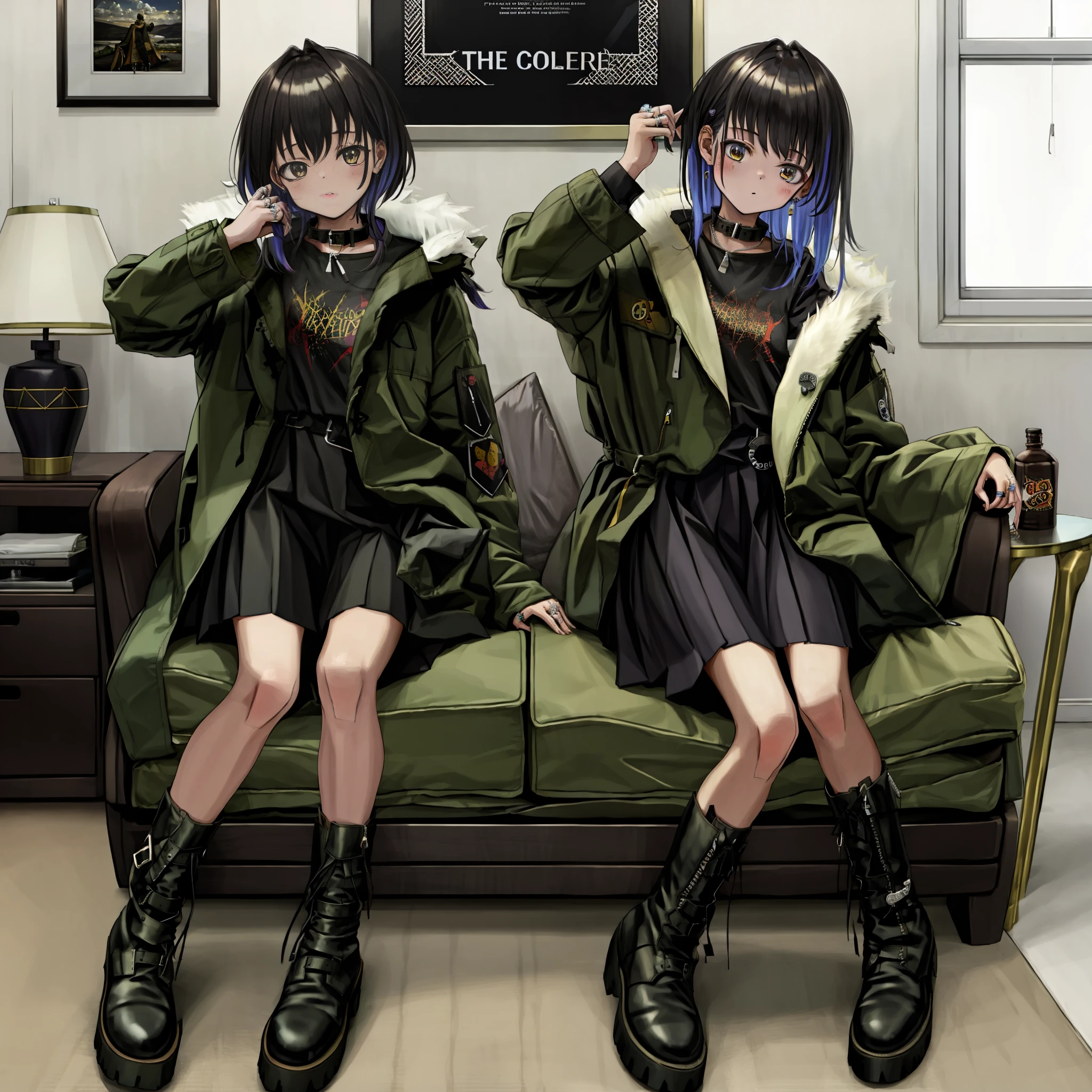 nadegata, 2girls, black footwear, any color hair, blush, boots, clock, coat, fur-trimmed boots, fur-trimmed coat, fur-trimmed hood, fur-trimmed jacket, fur-trimmed sleeves, fur coat, fur collar, fur trim, fur hood, black coat, zipped up black coat, indoors, jacket, jewelry, knee boots, long sleeves, looking at viewer, ring, long hair, sign, cute, hot