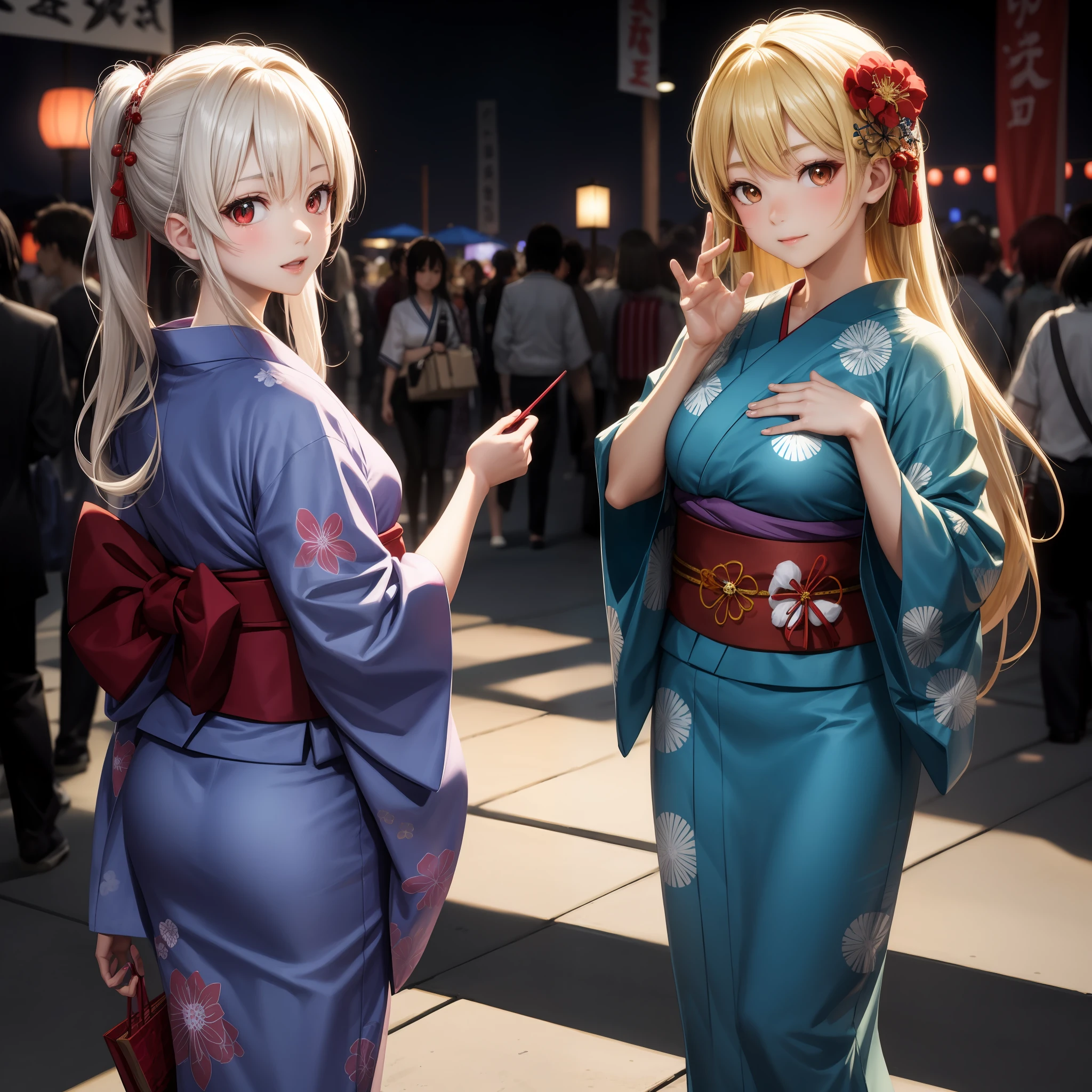 anime, blonde and red-eyed girl, white-haired and red-eyed girl, beauty, yukata, Japan festival
