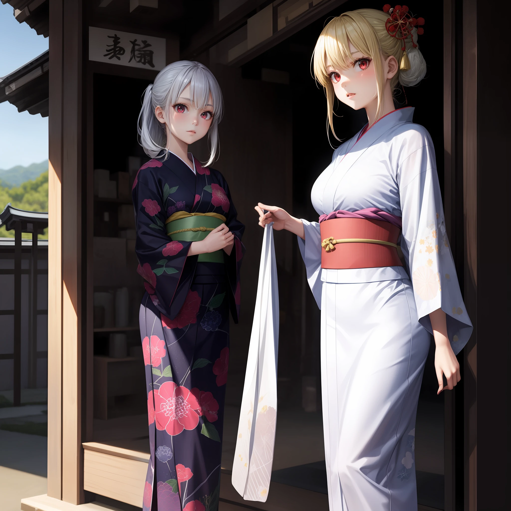anime, girl, blonde girl with red eyes, girl with white hair with red eyes, yukata, kyoto