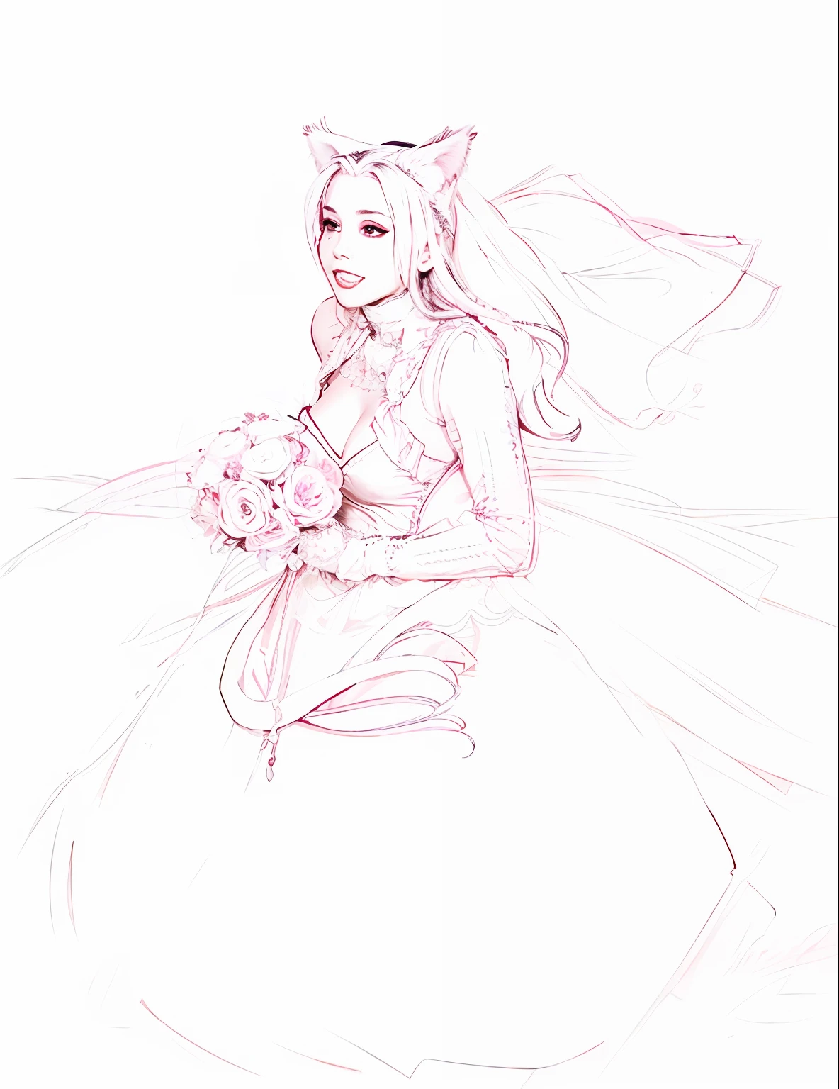 drawing of a woman in a wedding dress with a cat tail, outline sketch, rough sketch, wip, detailed but rough, sketchy artstyle, heavy outlines, ahri, old sketch, catgirl, attractive cat girl, high res, beautiful young catgirl, sketchy, outlined!!!, concept piece, clean anime outlines, lowres, anime catgirl