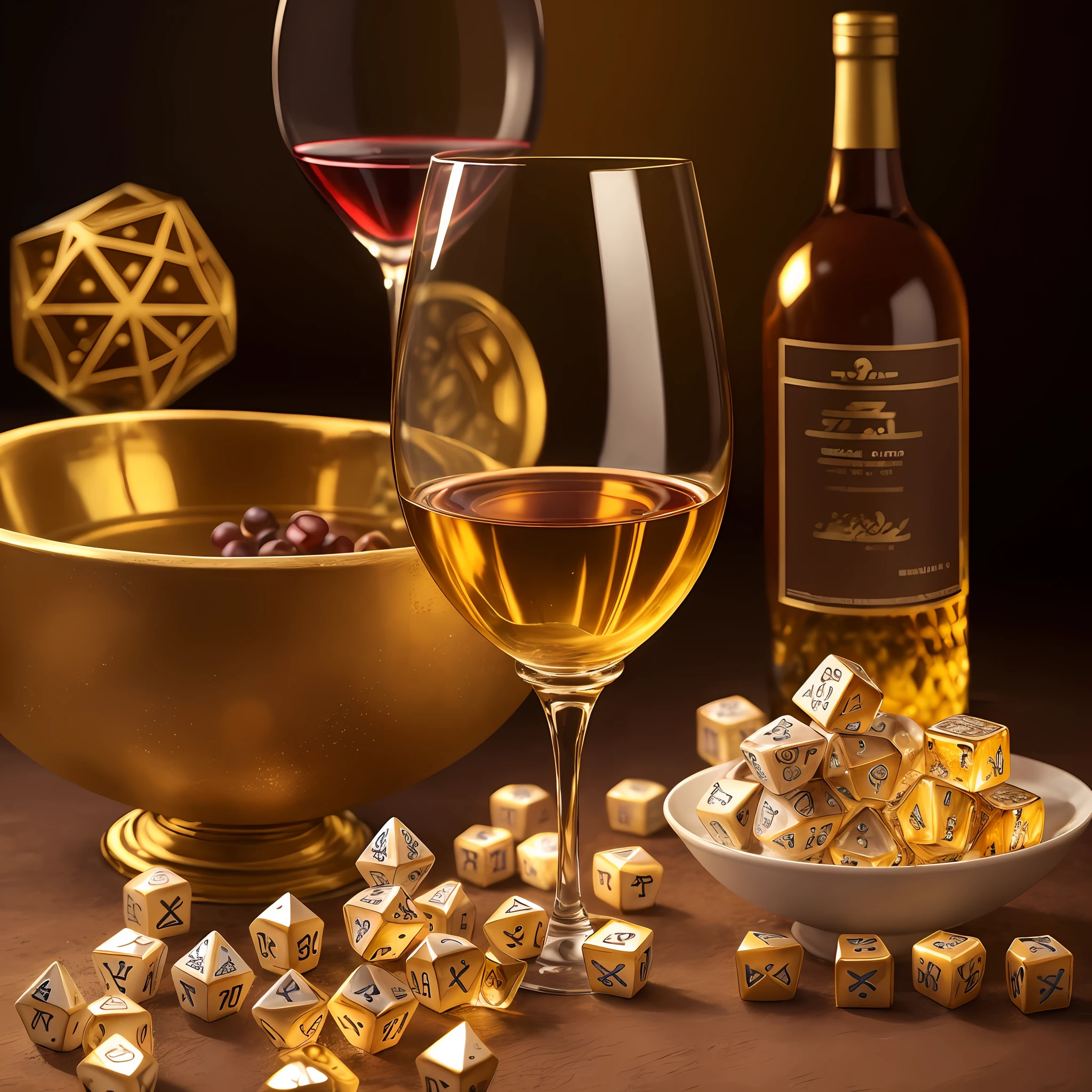 there is an ancient bowl with Hebrew alphabet dice on a table, alphabet soup, editorial photography, cubes on the table, commercial product photography, by Henrik Weber, by Dietmar Damerau, 3 4 5 3 1, food photography up close, "hyper realistic", "hyper realistic", hero's shot, ceramic magazine shot, dramatic product photography,  Menger's sponge, still life photography, glass with wine, table with finely woven golden towel with details in precious stones, no cutlery --auto --s2