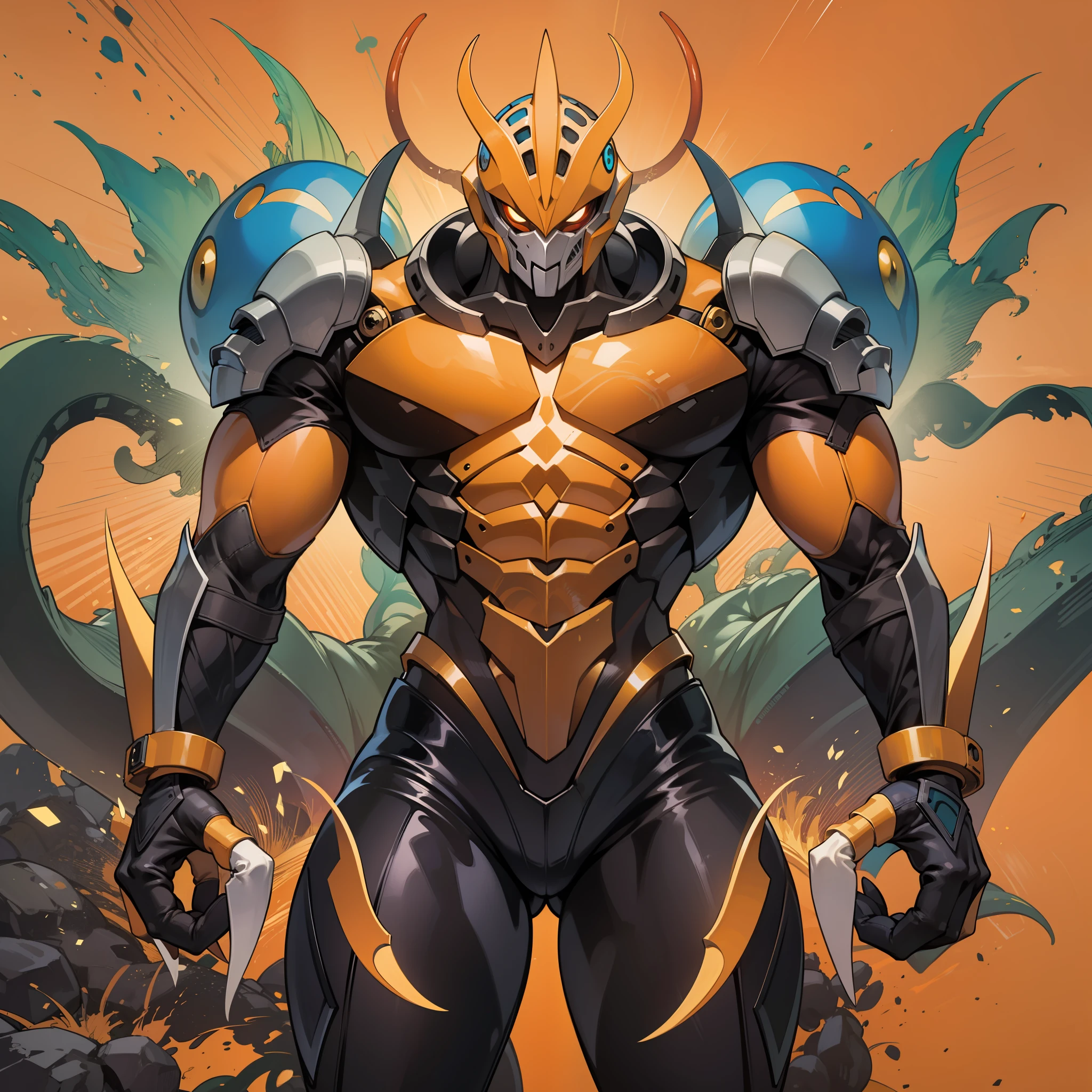 Unusually developed muscular body of black and orange color, cartoon alien with large developed shoulders and claws and tentacle body, beetle shell, cel shade, Guyver style, full body, full face mask