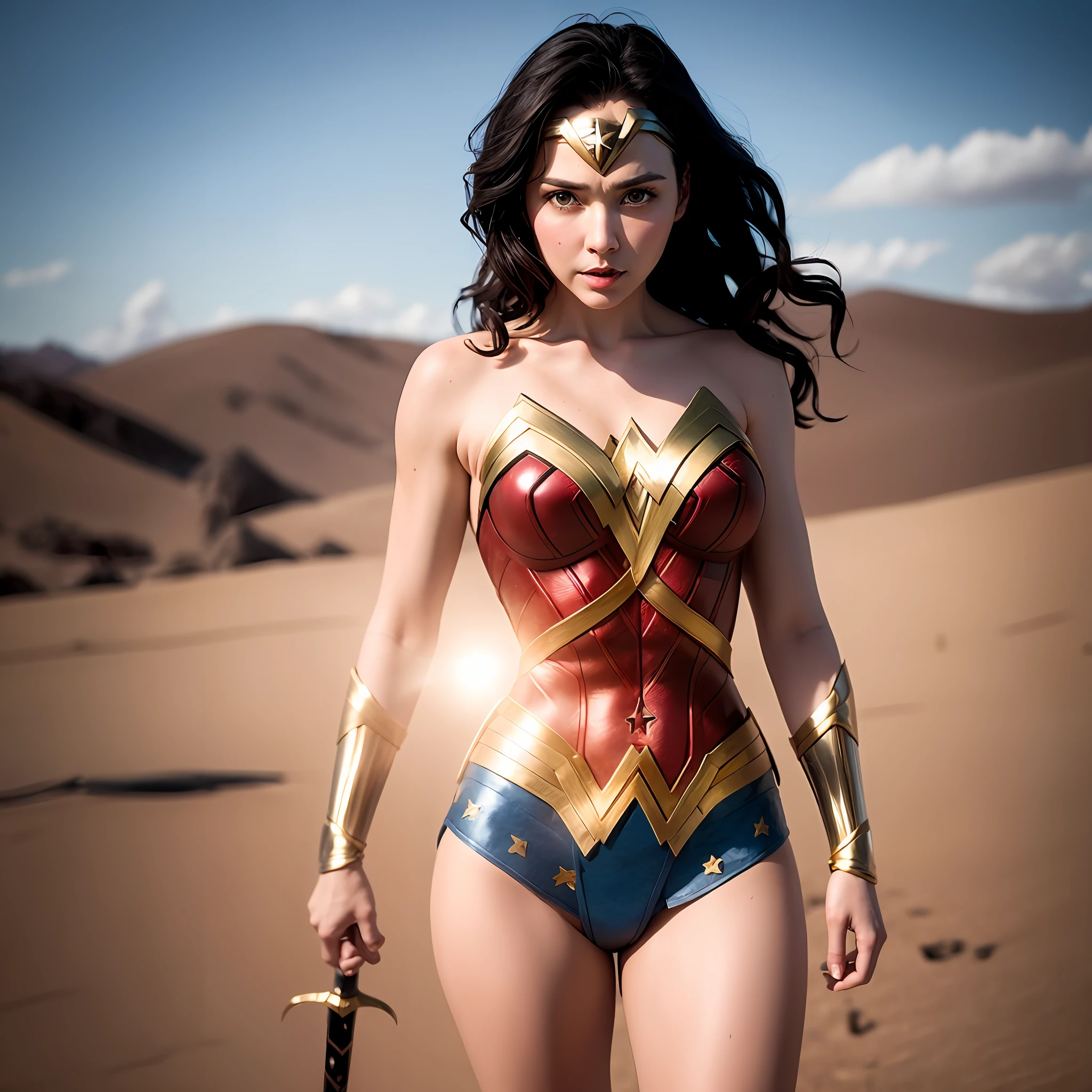 /imagine wonder woman with gold and white outfit, in desert, sword in hand, realistic photo, with a 50mm lens, professional lighting, ultra resolution, cinematic weather, 4k, 8k, realistic light