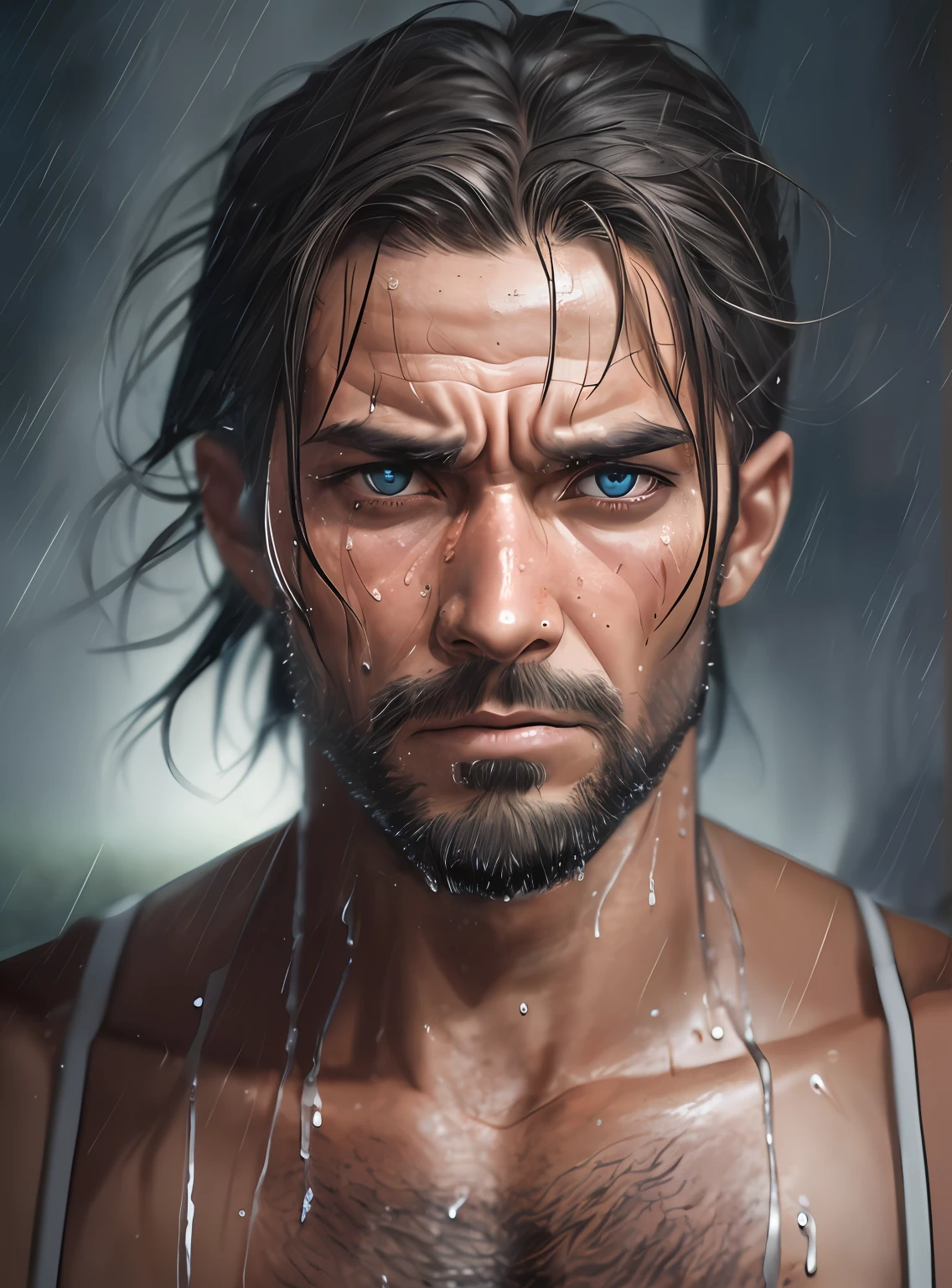 Man, bearded, front, front, sweaty, tired face, muscular, indignant, wet, training, Camera away, (focus sharp:1.2), an award-winning photo of a suffering fighter, portrait, drops of water, expression of tiredness, 30 years old, storm outside, lightning backlighting, , lines on the face, wrinkles, extremely detailed skin, sadness, brown skin, hopelessness, beautiful and cloudy eyes,  (deep shadows:1.1), high contrast, absurd, 8k, (high quality: 1.3),, artstation hd, concept art, detailed face and body, award-winning photography, (Poor lighting-humored:1.2), depth of field, bokeh, 4K, Hdr, bad guy --auto --s2