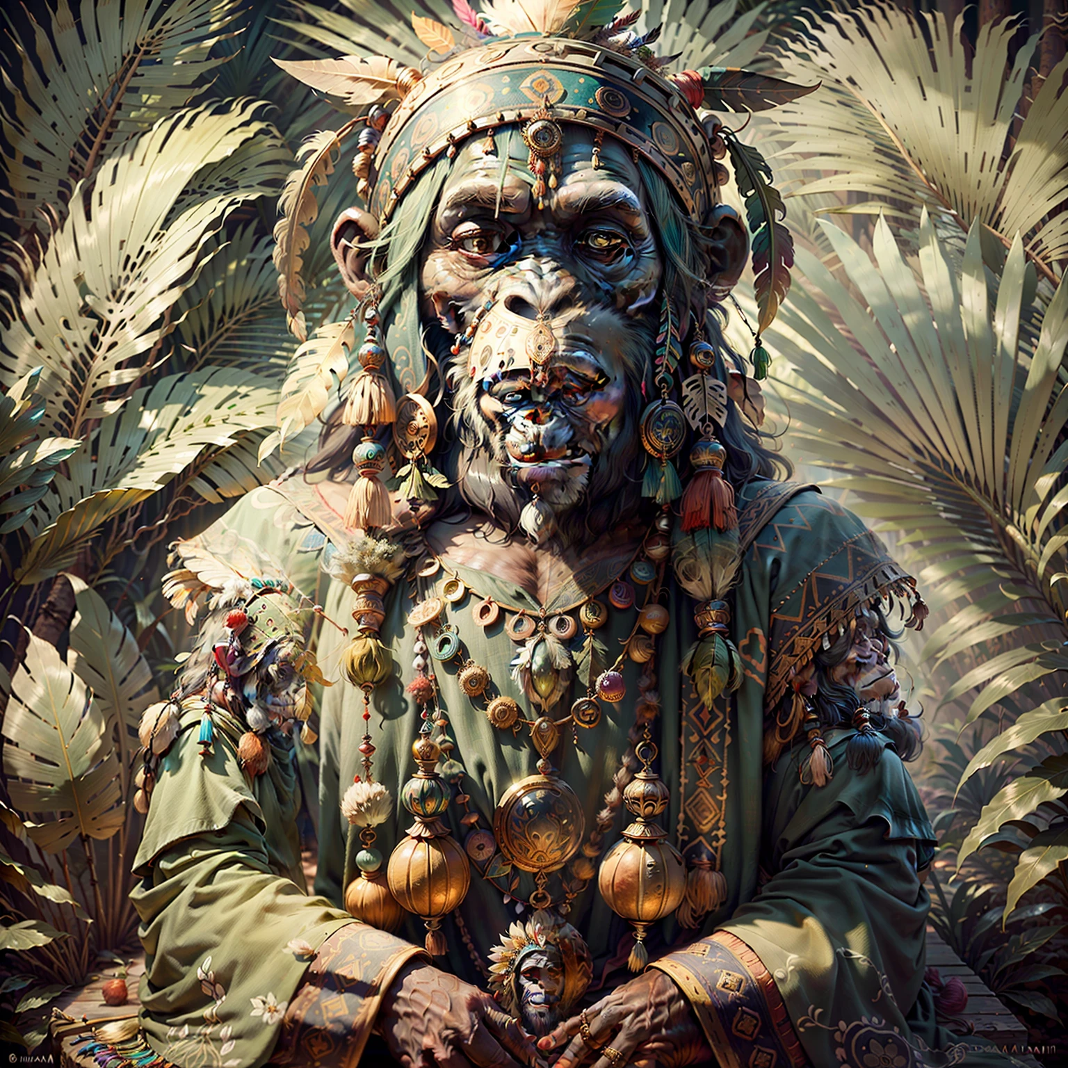 Chimpanzee Head ((Shaman)),,((meditative state),,Shaman, elegant chimpanzee, hair with details, with Indian headdress on head, ((meditating)) many colorful feathers, colorful feathers, facing the camera, detail: dense tropical foliage, highly detailed intricate, ((masterpiece)), ultra hyperrealistic, masterpiece