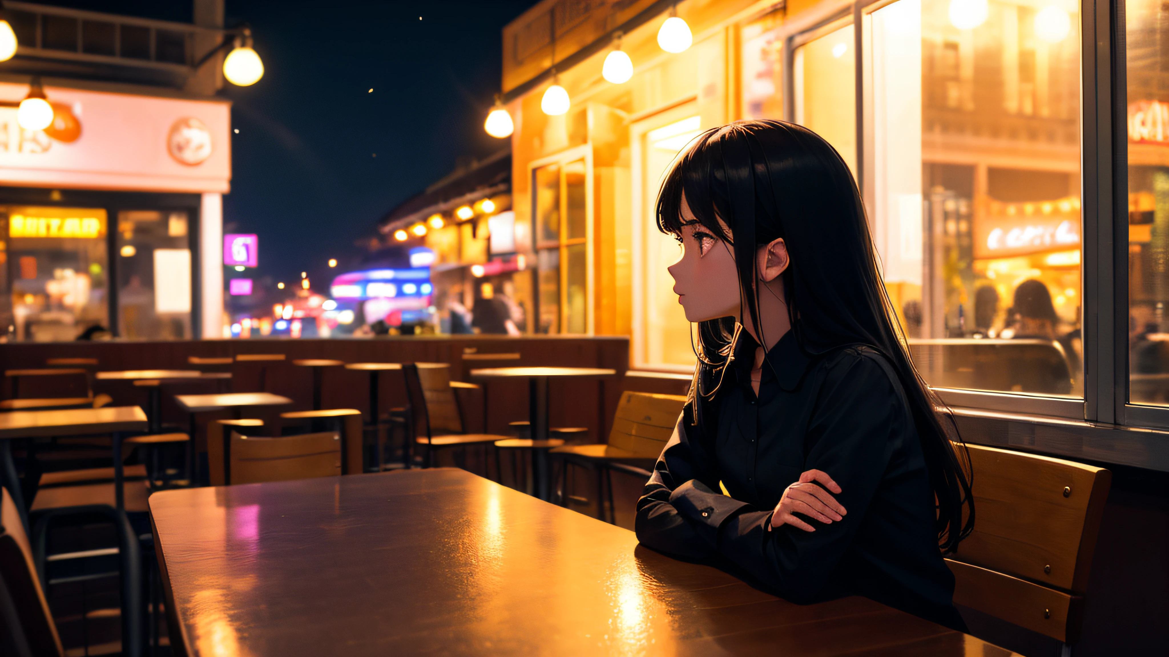 (ultra detailed,ultra high res,detailed background),(night),(distant),chiaroscuro,cafe,indoors,solo focus,streetspace,neon lights,pov,(by the window),1girl,sideways,facing away,(looking away),black hair,long hair,distracted,sitting,black collared shirt,(arm support),