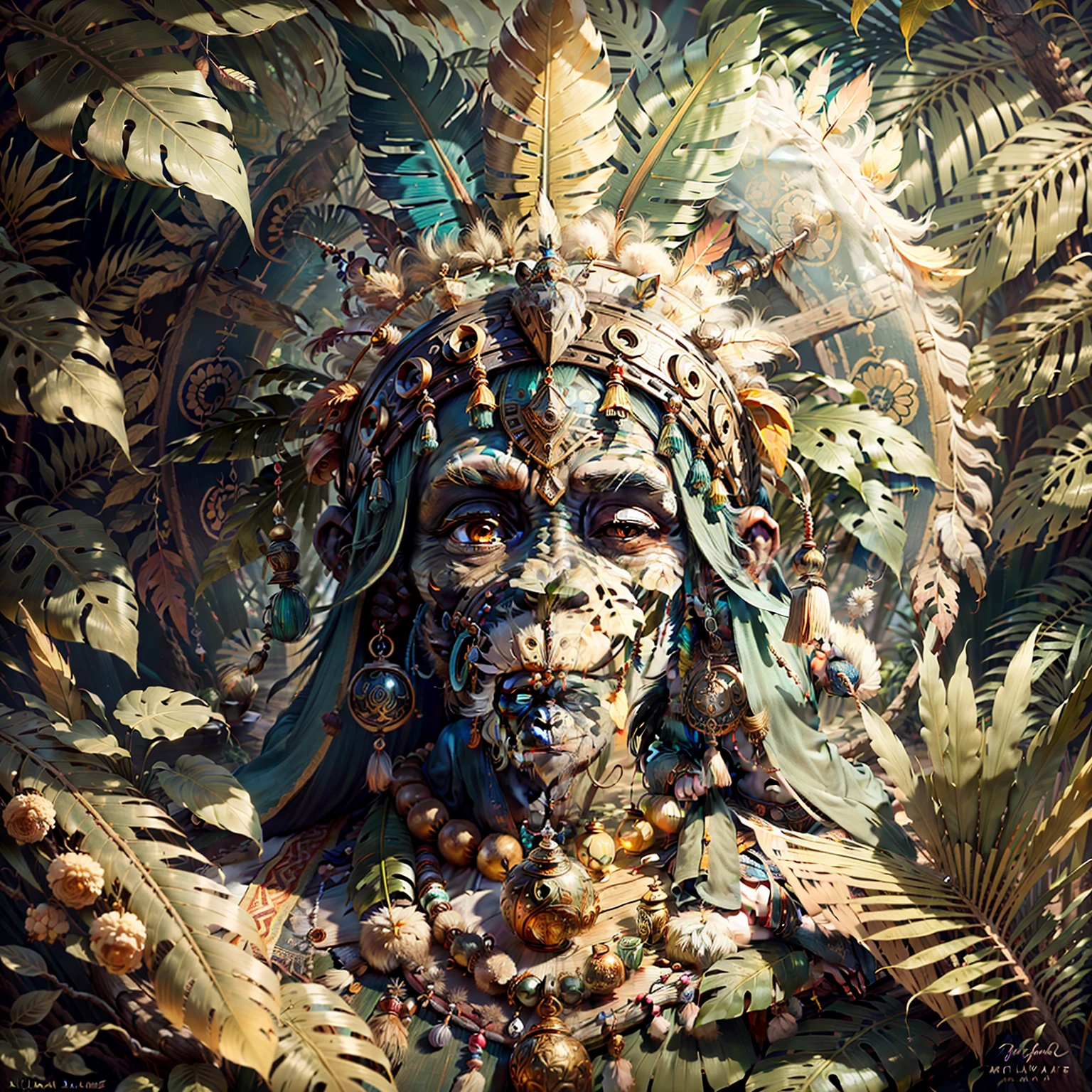 Cheerful Chimpanzee Head ((Shaman)),((meditative state),,Shaman, elegant chimpanzee, hair with details, with Indian headdress on head, ((meditating)) many colorful feathers, colored feathers, facing the camera, detail: dense tropical foliage, highly detailed intricate, ((masterpiece)), ultra hyperrealistic, masterpiece