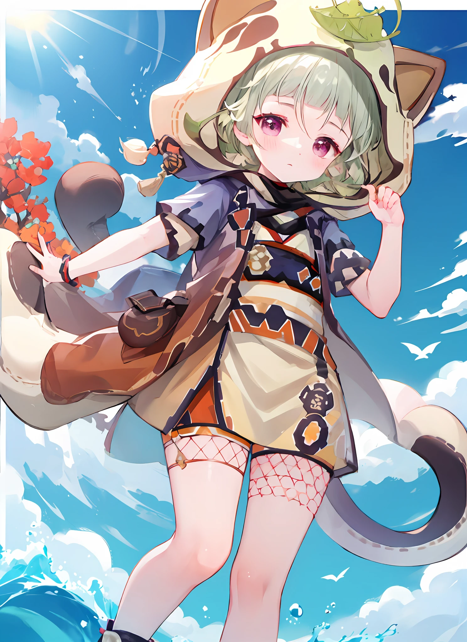 blush, outdoors, daytime, simple background, blue sky, wavy hair, sky, looking at the audience, loli, very cute expression, small short legs, avatar, toes,