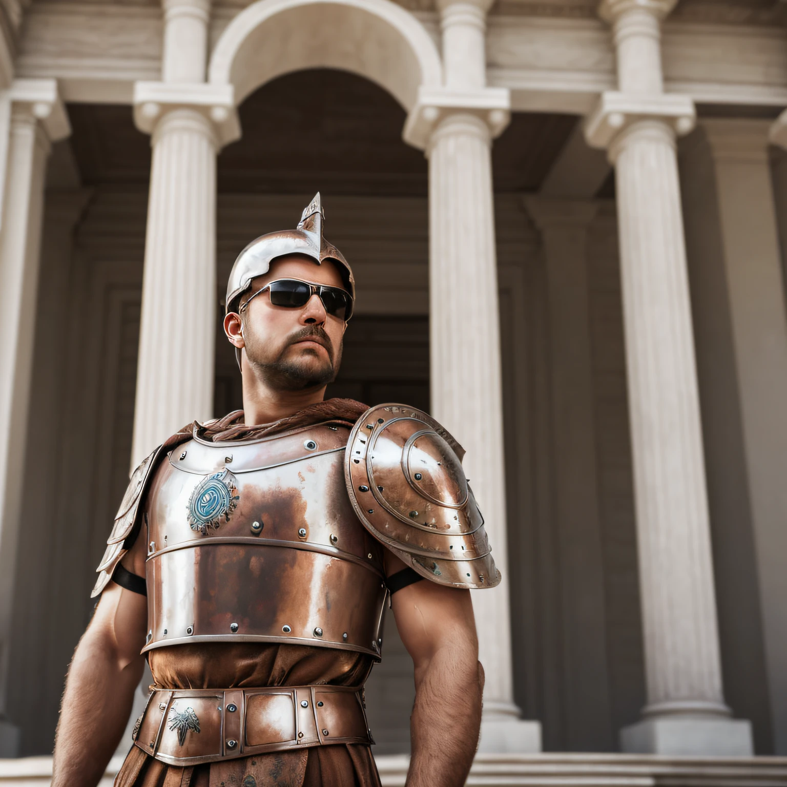 A Roman centurion, wearing sunglasses, stands guard in front of a Roman palace, (((cloudy day))), (((long beard))), (((ragged clothes))), (((dented armor))), (((rusty armor))), (((a heavily dusty centurion ))), year 50 BCE, lens flare, bokeh, Canon, f/16, 85mm, Wide-Angle, foreshortening, vignetting, cinematic lighting, depth of field, 4K, highres, best quality, award winning, textured skin, masterpiece