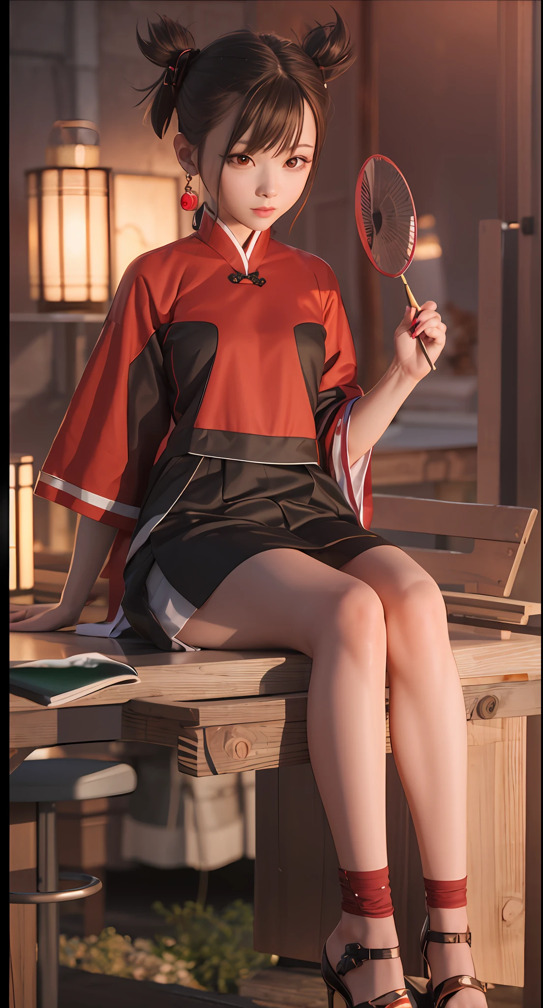 Anime girl sitting on bench with fan, popular on CGSTATION, realistic anime 3 D style, Guvez style artwork, smooth anime CG art, anime girl squat, 3D anime realistic, beautiful anime girl squat, character is her natural pose, palace, girl in hanfu