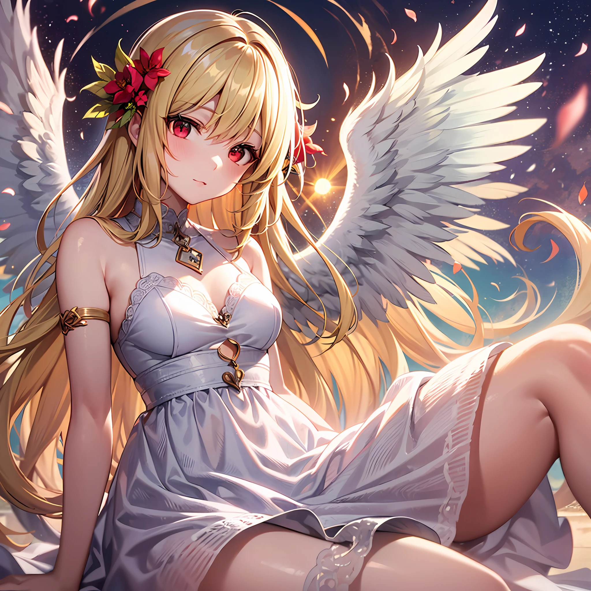 Blonde girl alone, red eyes, angel wings, white dress, sun, sunlight