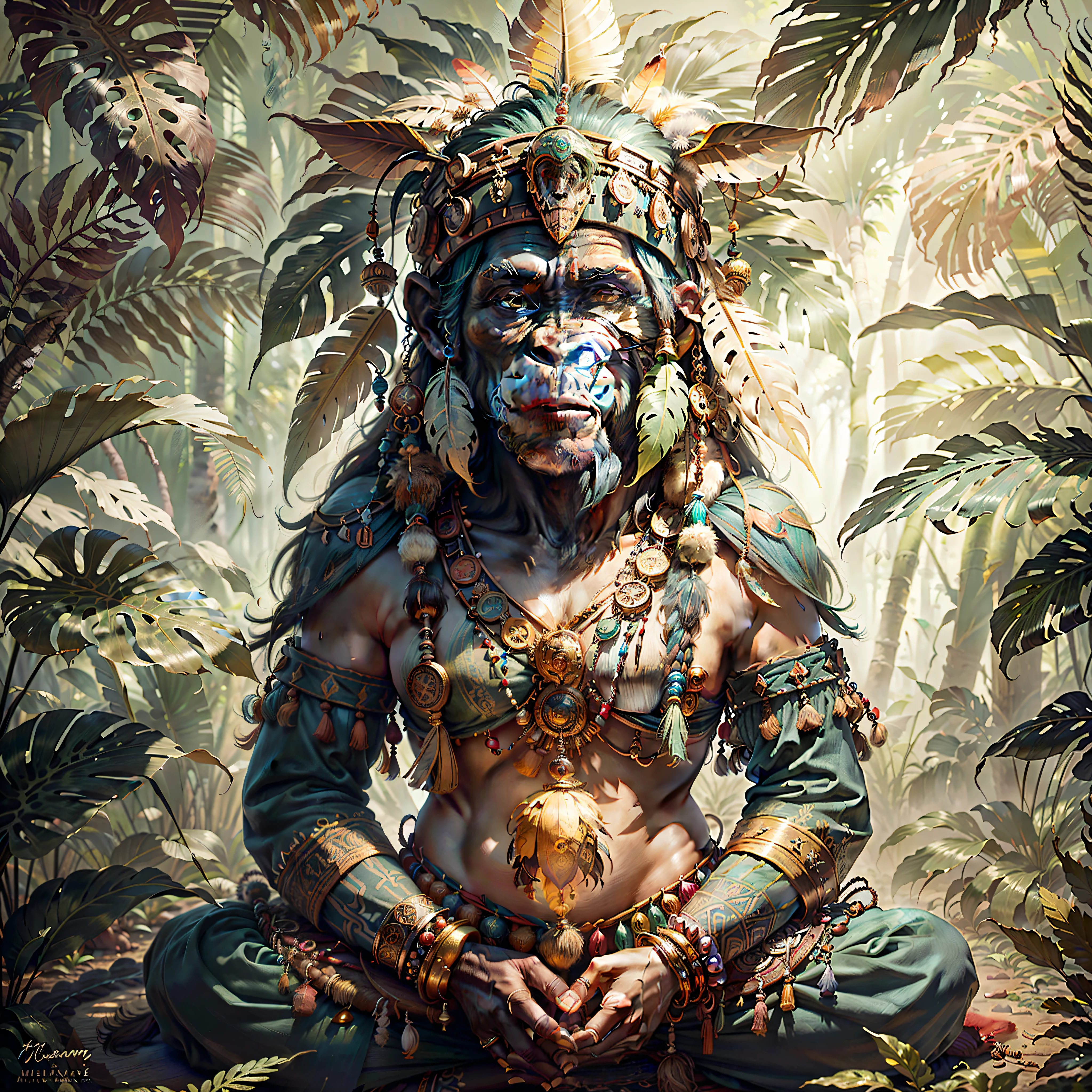 Cheerful Chimpanzee Head ((Shaman)),((meditative state),,Shaman, elegant chimpanzee, hair with details, with Indian headdress on head, ((meditating)) many colorful feathers, colored feathers, facing the camera, detail: dense tropical foliage, highly detailed intricate, ((masterpiece)), ultra hyperrealistic, masterpiece
