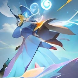 a cartoon drawing of a woman in a blue dress and a cat mask, glowing lens flare wraith girl, glowing aura around her, invisible woman, sky witch, aura of magic around her, powering up aura, cel shaded!!!, this character has cryokinesis, inspired by Li Chevalier, blue aura, long haired humanoid fursona