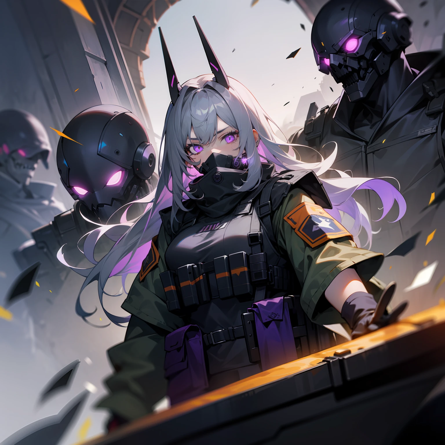 1girl, long gray hair, military gear, tactical vest, black clothes, oxygen mask, black gloves, glowing purple eyes, mechanized, surrounded by soldiers