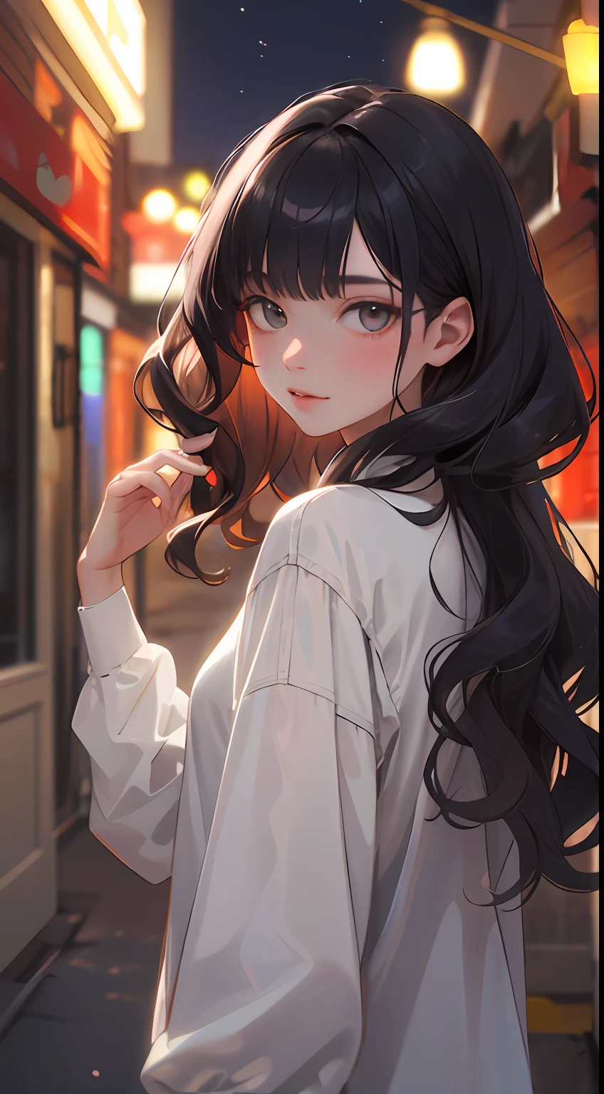 (masterpiece:1.2), (best quality:1.2), night, (looking at viewer), bright skin,
outdoors, fringe,
long hair, (wavy hair),