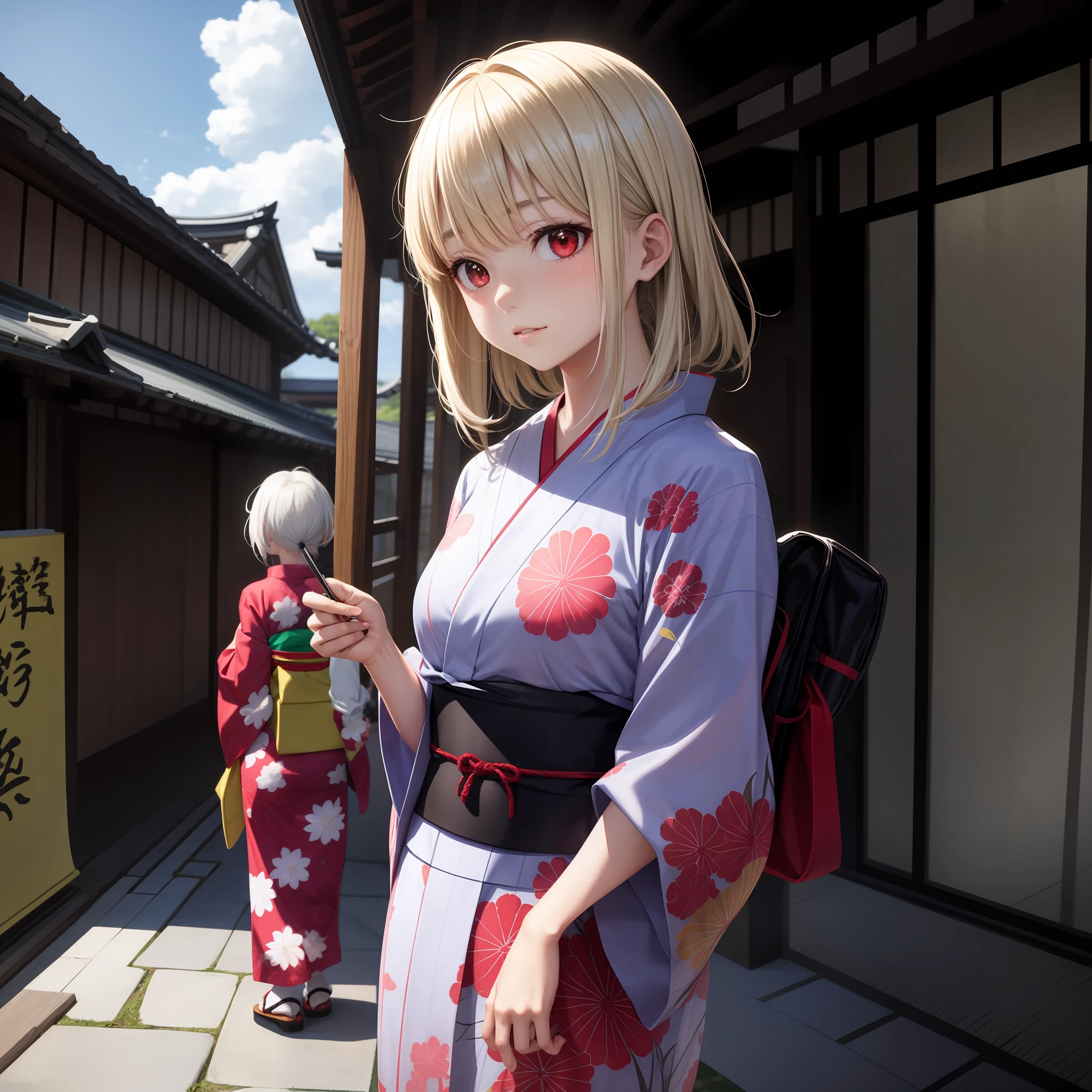 anime, girl, blonde girl with red eyes, girl with white hair with red eyes, yukata, kyoto