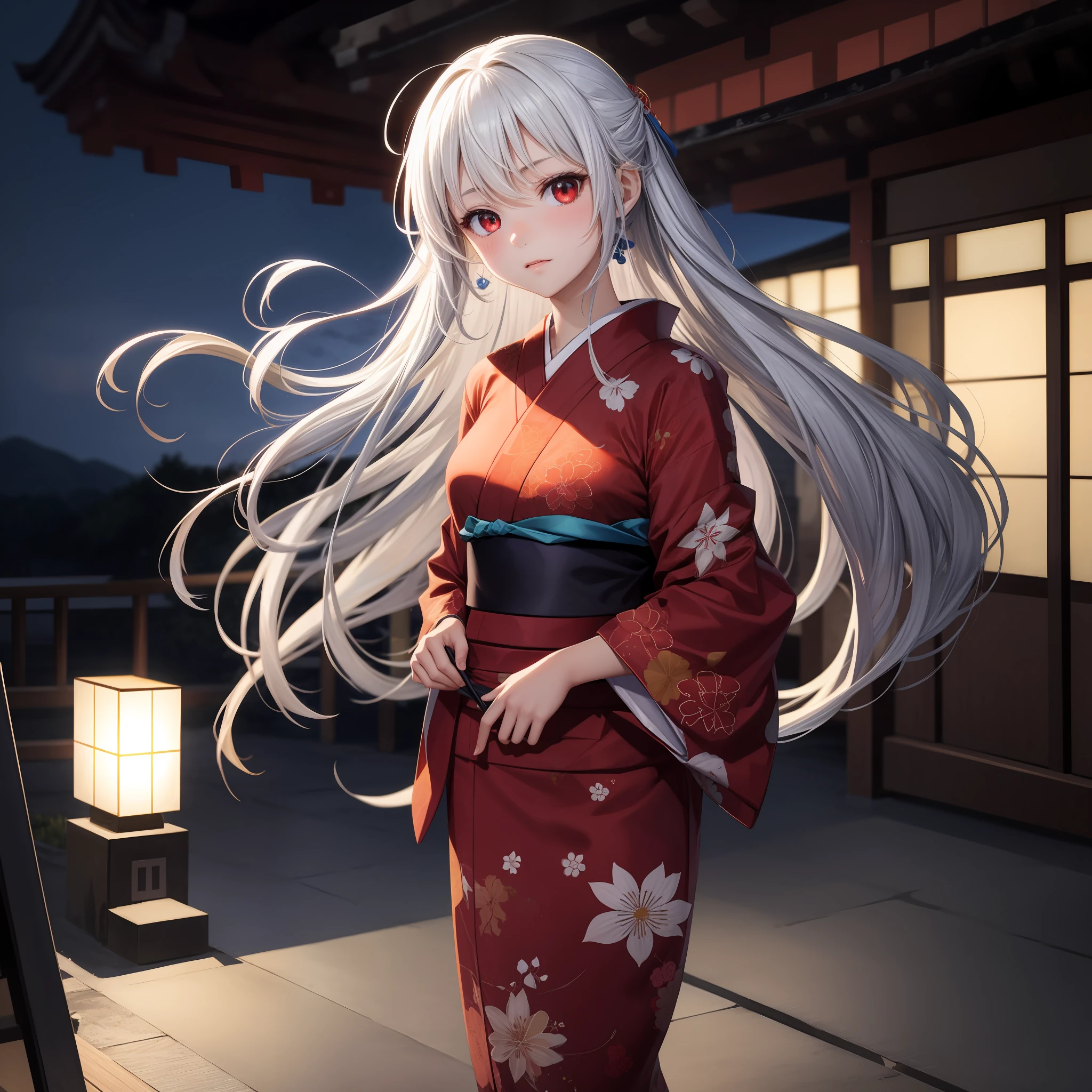 anime, girl, blonde girl with red eyes, girl with white hair with red eyes, yukata, kyoto