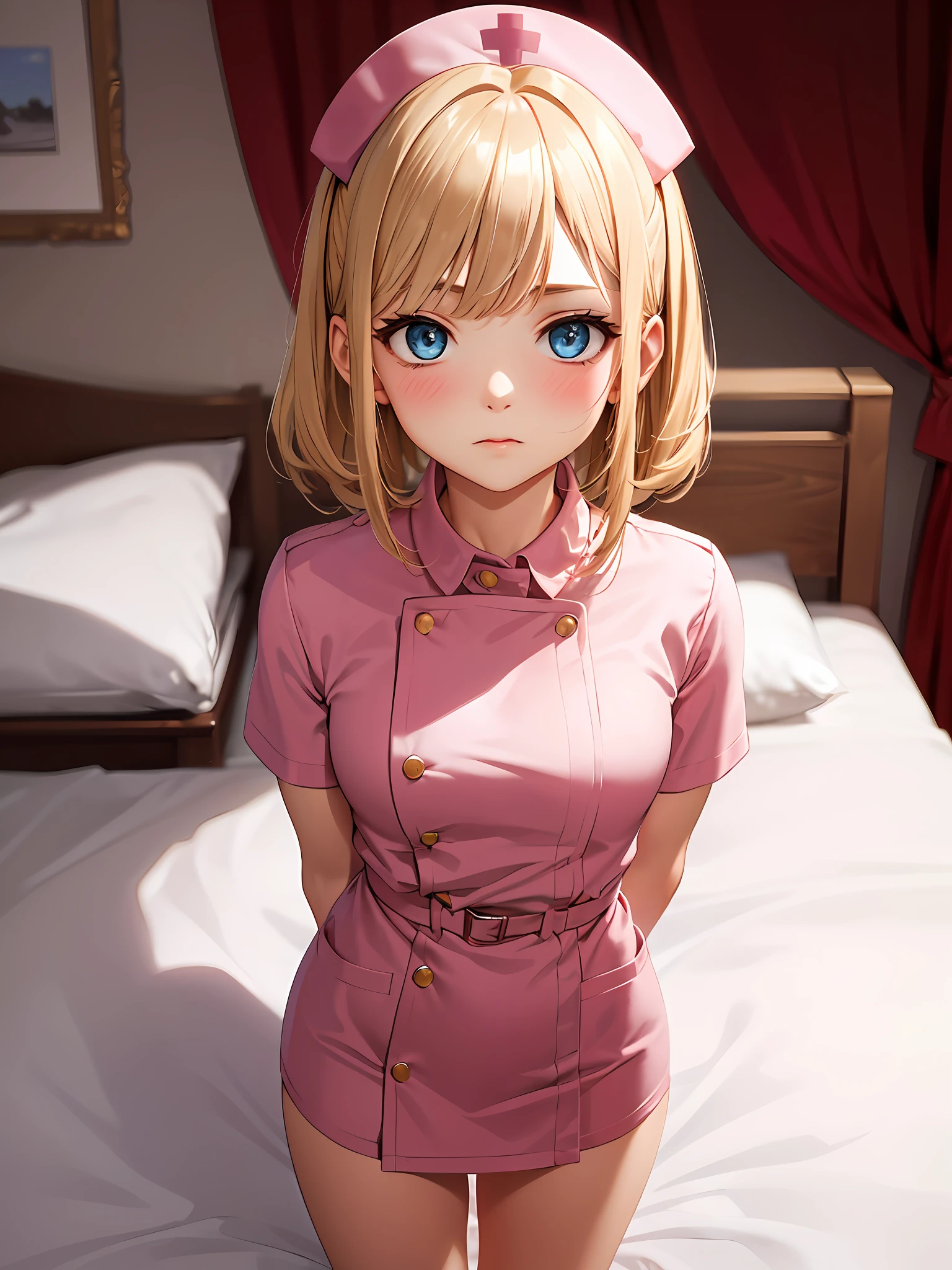 Absurdity, super detail, top quality, official art, break, solo, alone, golden hair, shiny hair, beautiful girl, 16 years old, break, shiny skin, break, blue eyes, hairstyle, break, pink nurse, close-fitting clothes, break, upper body, focus, break, short stature, break, hands behind back, bed,