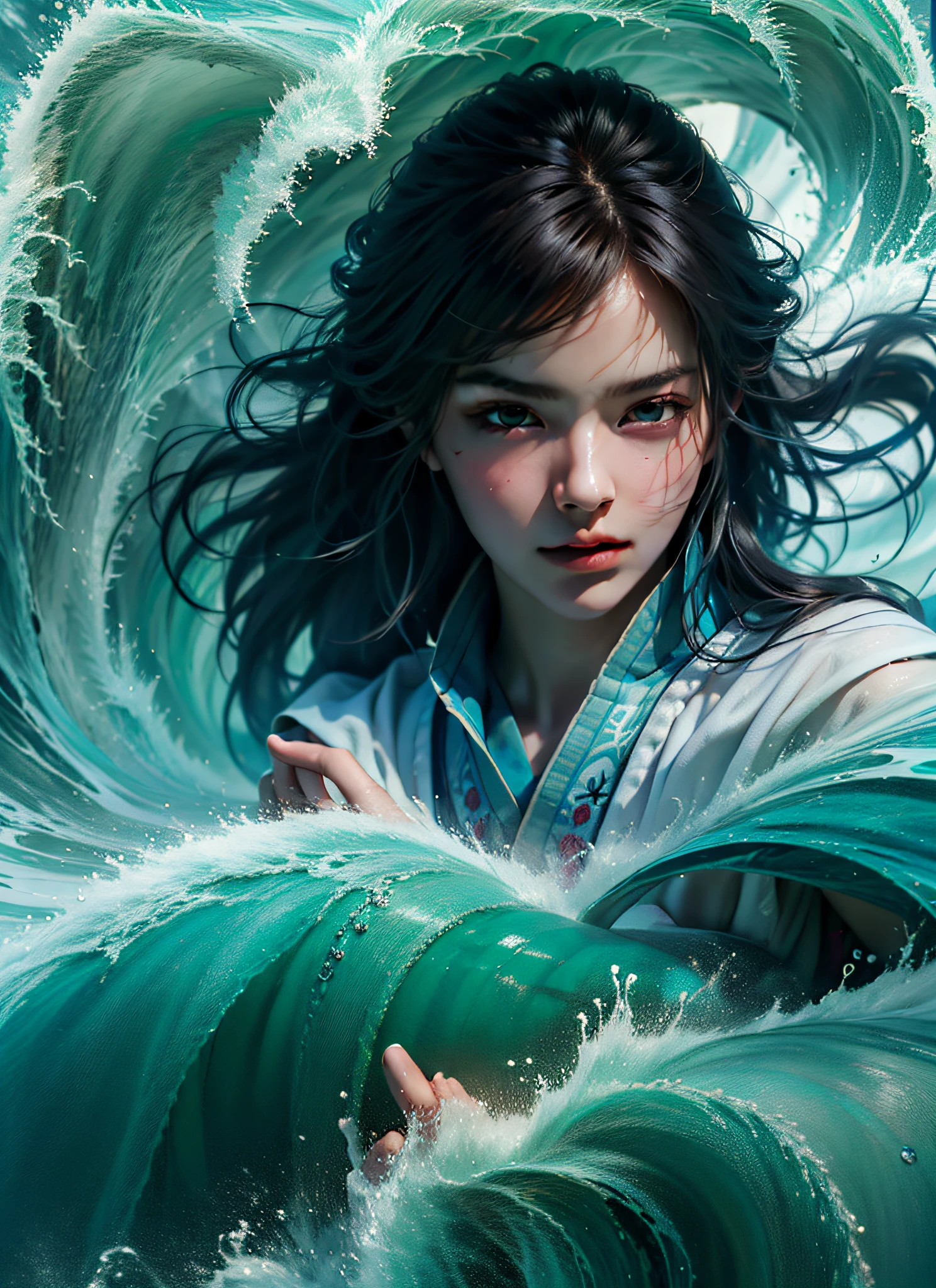 Best Quality, Masterpiece, Ultra High Resolution, Background Waves, Water Polo, Natural Light, Photo Realistic, (Masterpiece, Best Quality: 1.4), (Absurd, High Resolution, Ultra Detail: 1.2), (1 Beauty: 1.4), (Using Black Magic: 1.4), Water Magic, Playful Illustrations, Imaginative Overlays, Art Fusion, Fantastic Scenes, Evocative Narrative, Striking Visuals, Upper Body,