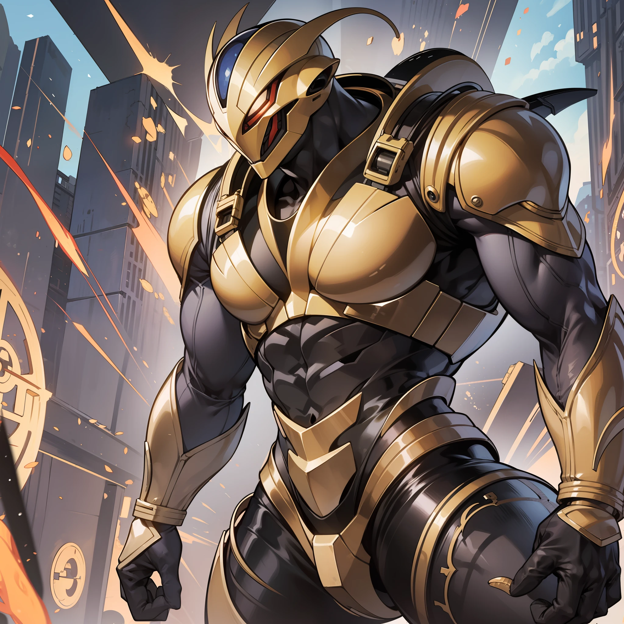 Cartoon alien with an unusually developed muscular body in black and orange, large developed shoulders and a body with tentacles growing out of the hands, beetle shell, cel shade, Guyver style, full body, full face mask