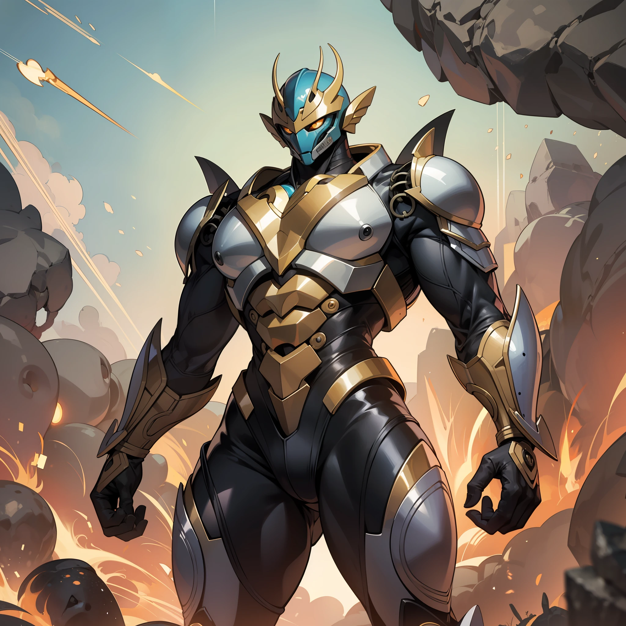 Cartoon alien with an unusually developed muscular body in black and orange, large developed shoulders and a body with tentacles growing out of the hands, beetle shell, cel shade, Guyver style, full body, full face mask
