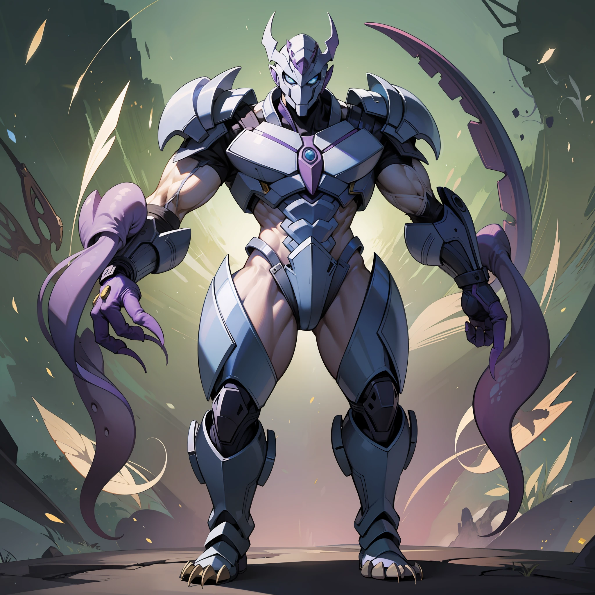 Unusually developed muscular body of white and purple, cartoon alien with claws and tentacle body, beetle shell, cel shade, guyver style, full body, full face mask