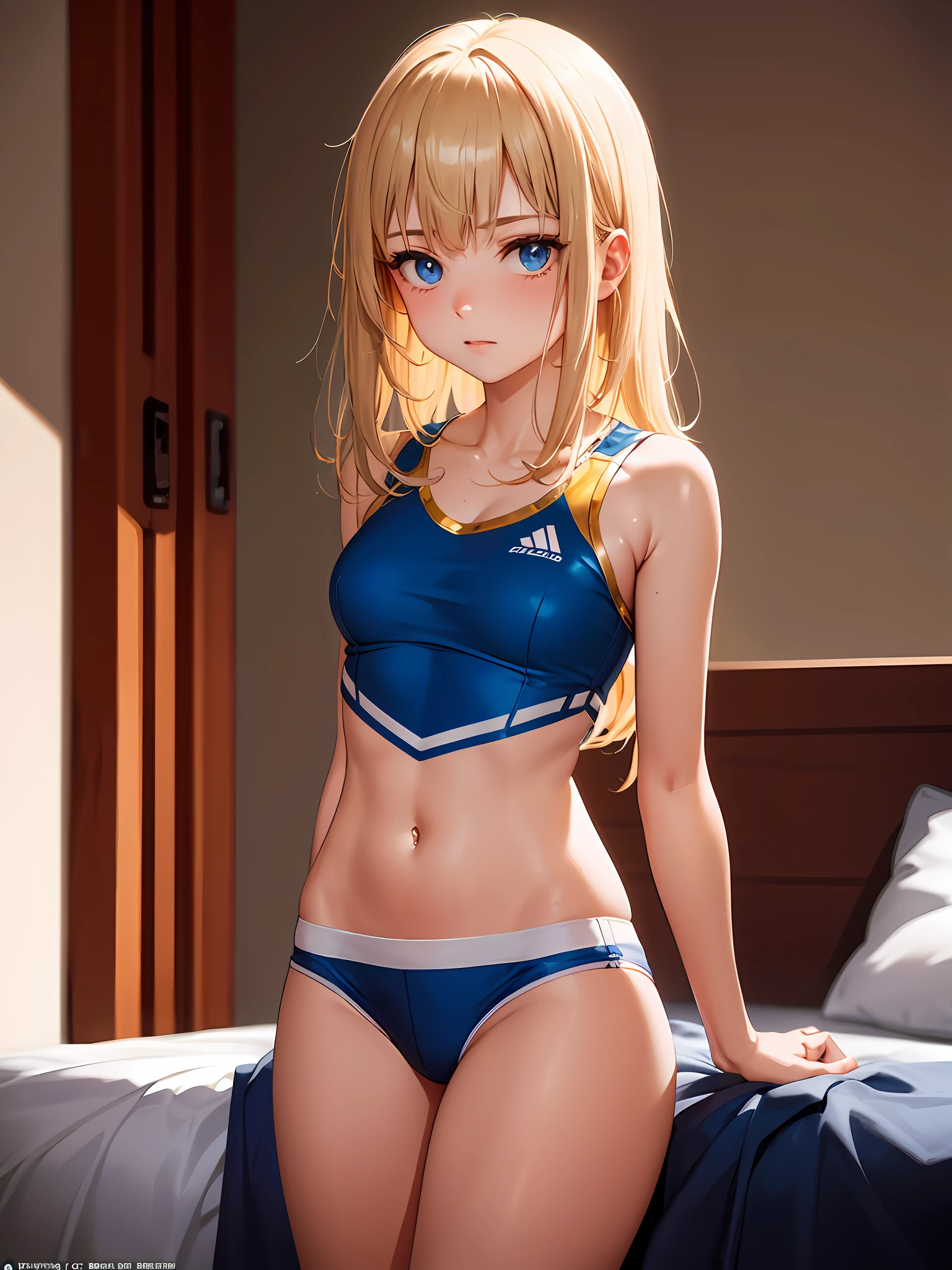 Absurd, super detailed, top quality, official art, break, solo, one, golden hair, shiny hair, beautiful girl, , break, shiny skin, break, blue eyes, hairstyle, break, cheergirl, break, upper body, focus, break, short stature, break, hands behind back, bed,