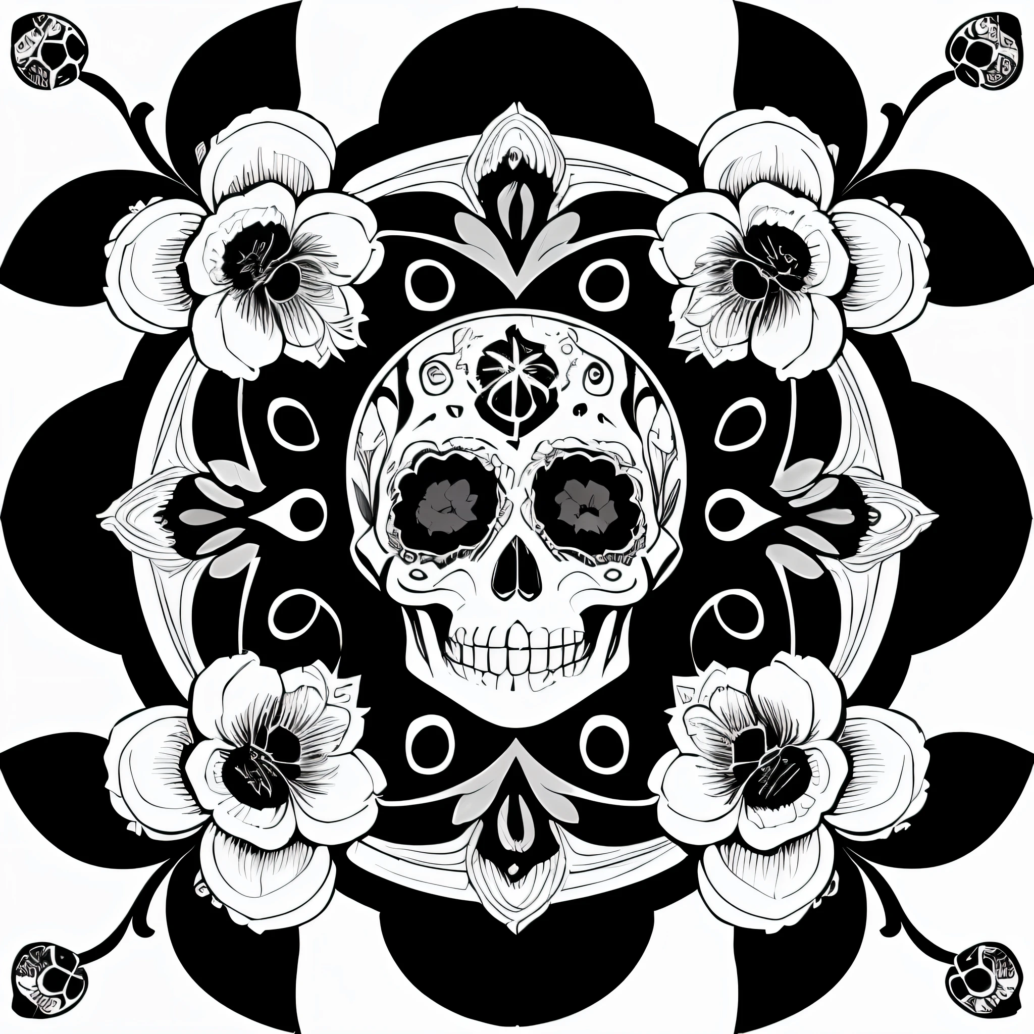 (vector coloring page), 8K resolution, (white background), (symmetrical), (decorated sugar skull esilo talavera), ((black and white)), roses and other flowers placed symmetrically on both sides, (dia de muertos), (vectorial),(black and white),(line art), without shadows --auto