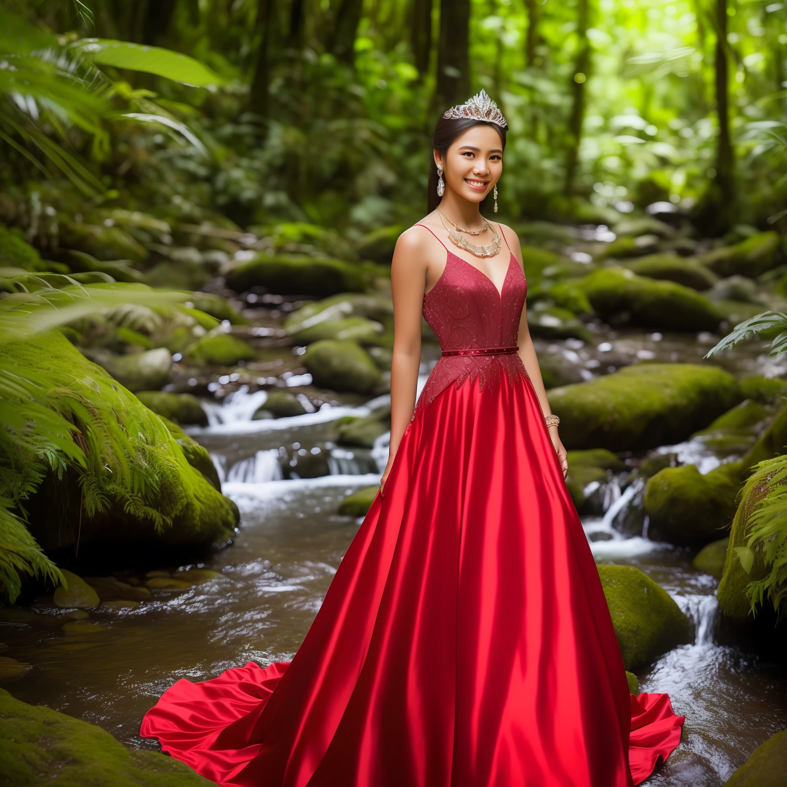 (photorealistic:1.1) Young Indonesian woman looking back over her shoulder and smiling while hiking next to a stream in a dense forest, long elegant hair, wearing a red evening gown and hiking boots, wearing black backpack, lush vegetation, beautiful woman, stunning scenery, red satin evening gown (intricately detailed, embellished with rhinestones), sparkling ruby jewelry (tiara, earrings, necklace, bracelet) --auto