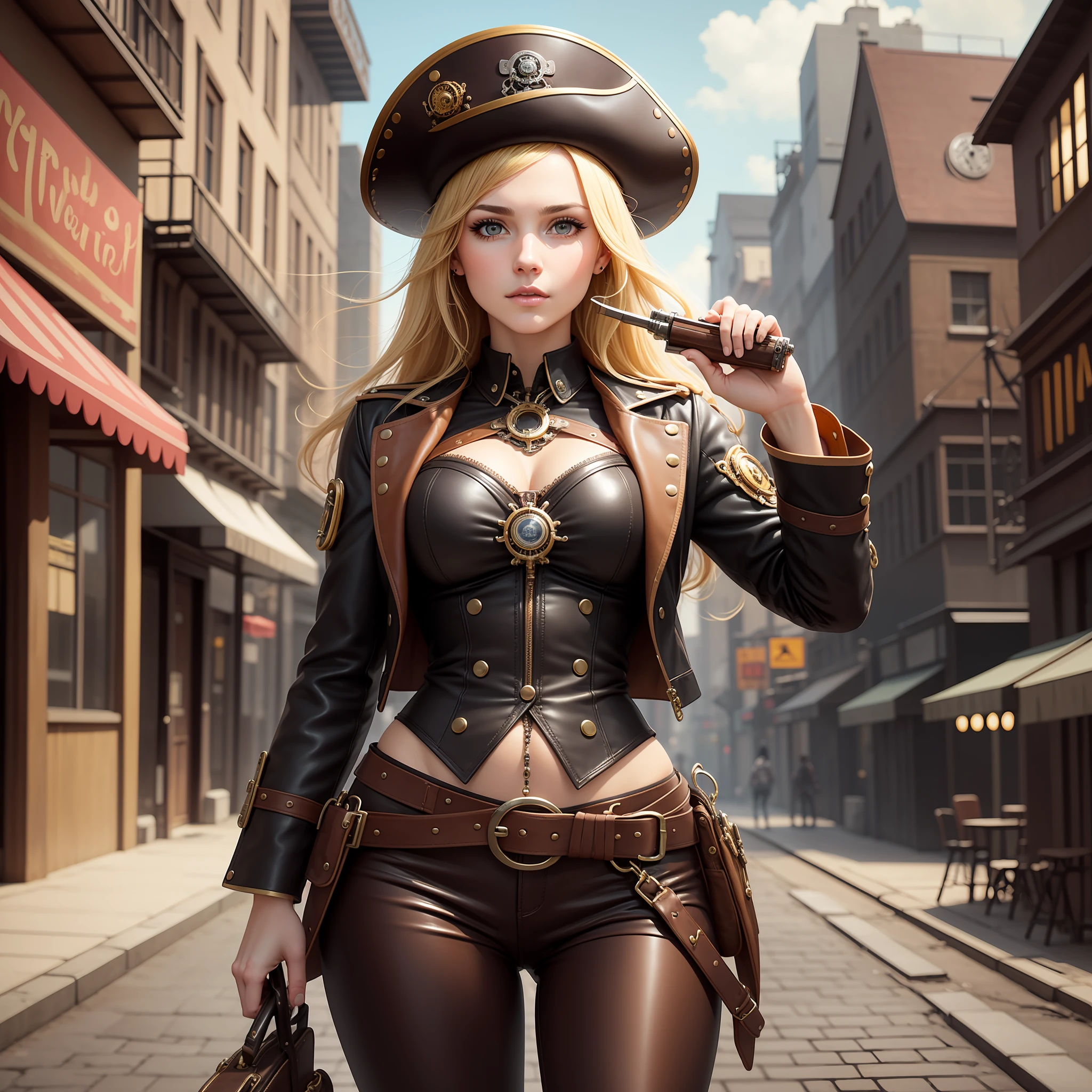 (intricate details), 19 years old, blonde hair, perfect face, makeup: 1.5, bright on face, face detail, 4k, realistic, charismatic, very detailed, steampunk, there are girls all over the city, she is a pirate girl, steampunk world industrial background city theme, top hat, antique pilot goggles, black leather tailored jacket, white blouse, brown leather bustier, long hair, brown hair, wearing leather pants, 25 years old, full body, wearing brown leather long boots, holding a flintlock pistol in right hand, um home detective, conceptual art, realism, godley, movie lighting, multiview, canon, uhd, high detail, high quality, hd, 16k