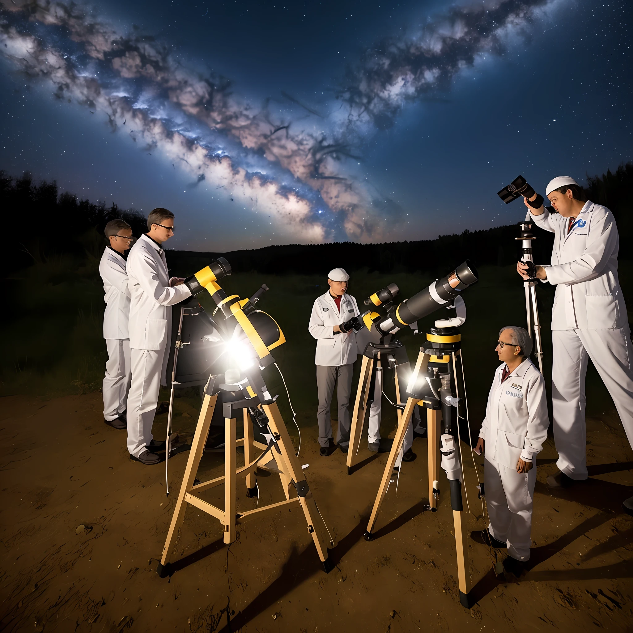 Scientists observing the universe through telescope