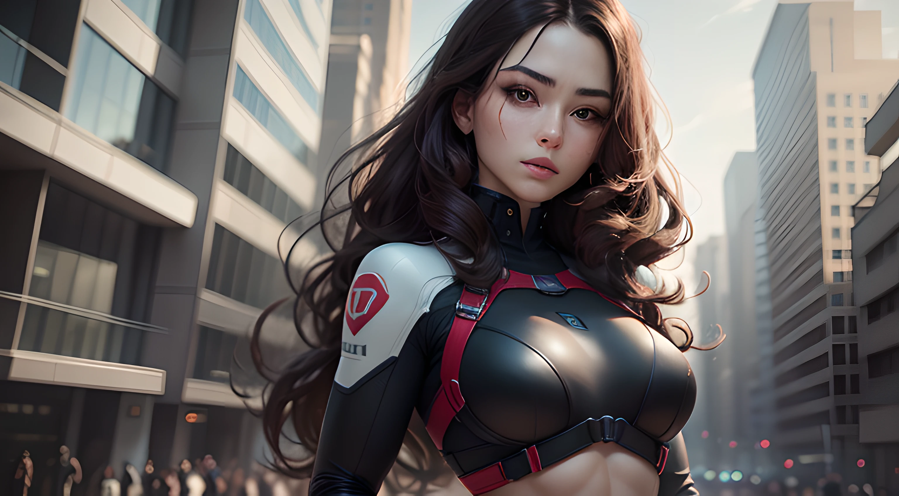 (Best quality, high resolution, masterpiece: 1.3), a tall and pretty woman, slender abs, dark brown hair combed in loose waves, breasts, black widow suit, (modern architecture in the background), details exquisitely represented in the texture of the face and skin, detailed eyes, double eyelid --auto