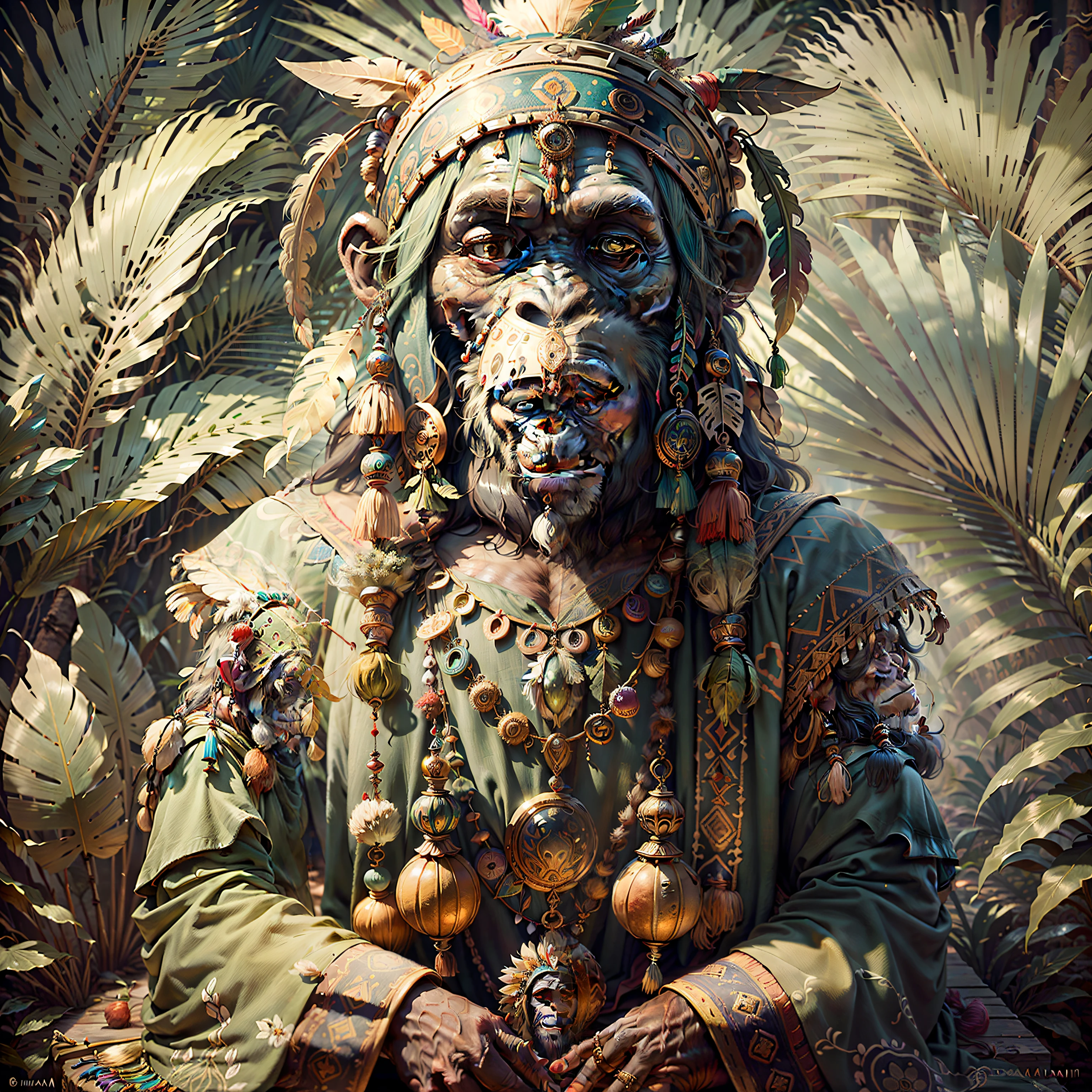 Chimpanzee Head ((Shaman)),,((meditative state),,Shaman, elegant chimpanzee, hair with details, with Indian headdress on head, ((meditating)) many colorful feathers, colorful feathers, facing the camera, detail: dense tropical foliage, highly detailed intricate, ((masterpiece)), ultra hyperrealistic, masterpiece