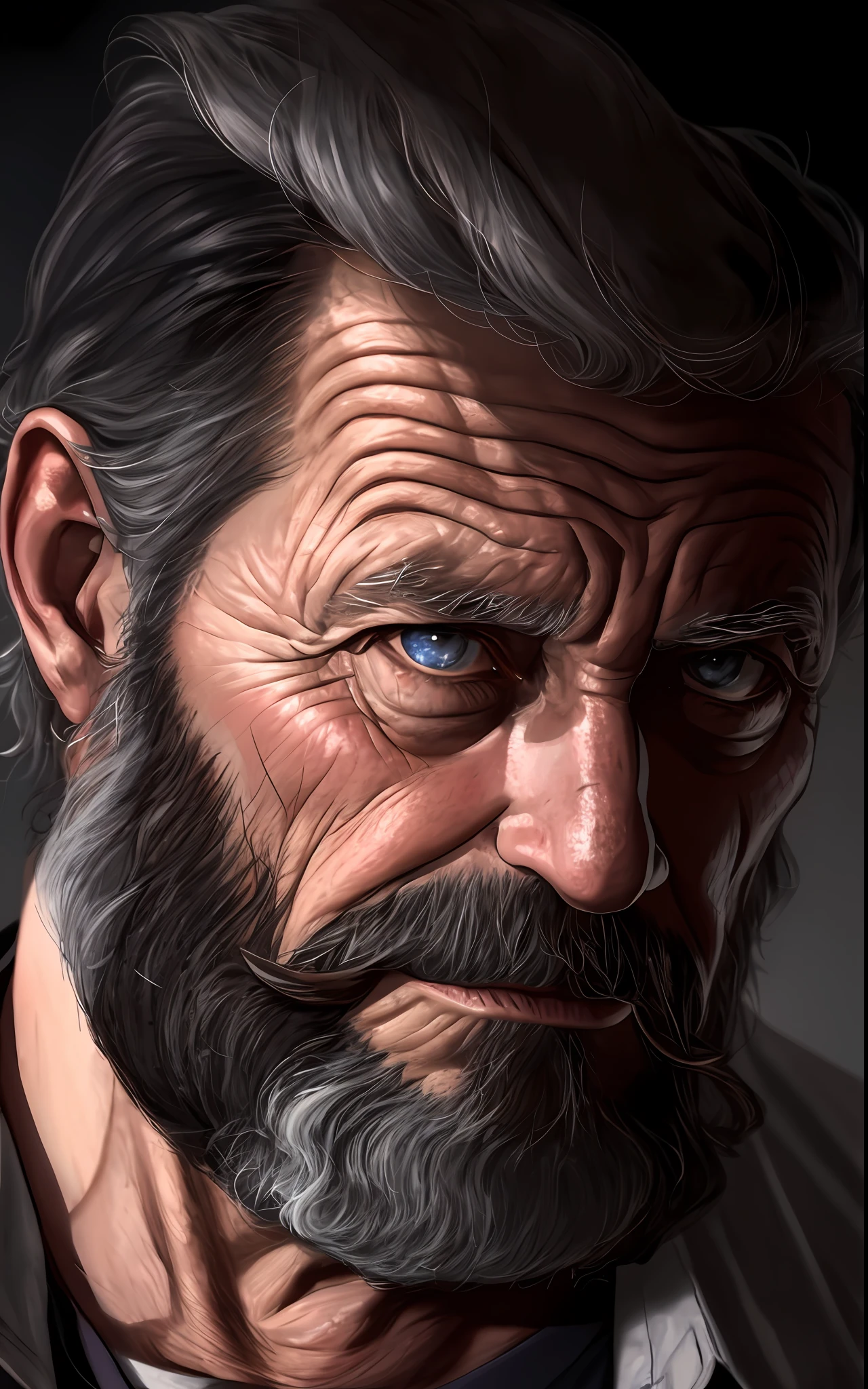 A portrait of a old man, bearded, wrinkled, weathered, with piercing eyes, detailed face, high details, photography, dark studio, rim light, Nikon D850, 50mm, f/1.4
