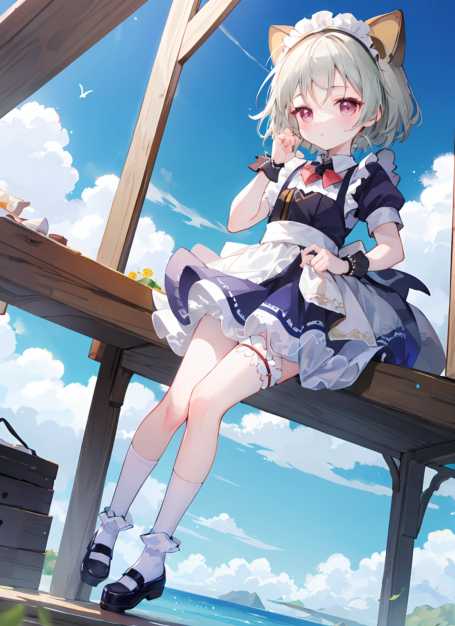 blush, outdoors, daytime, simple background, blue sky, rippled hair, sky, looking at the audience, ****, very cute expression, small short legs, avatar, maid outfit, white over-the-leg socks,