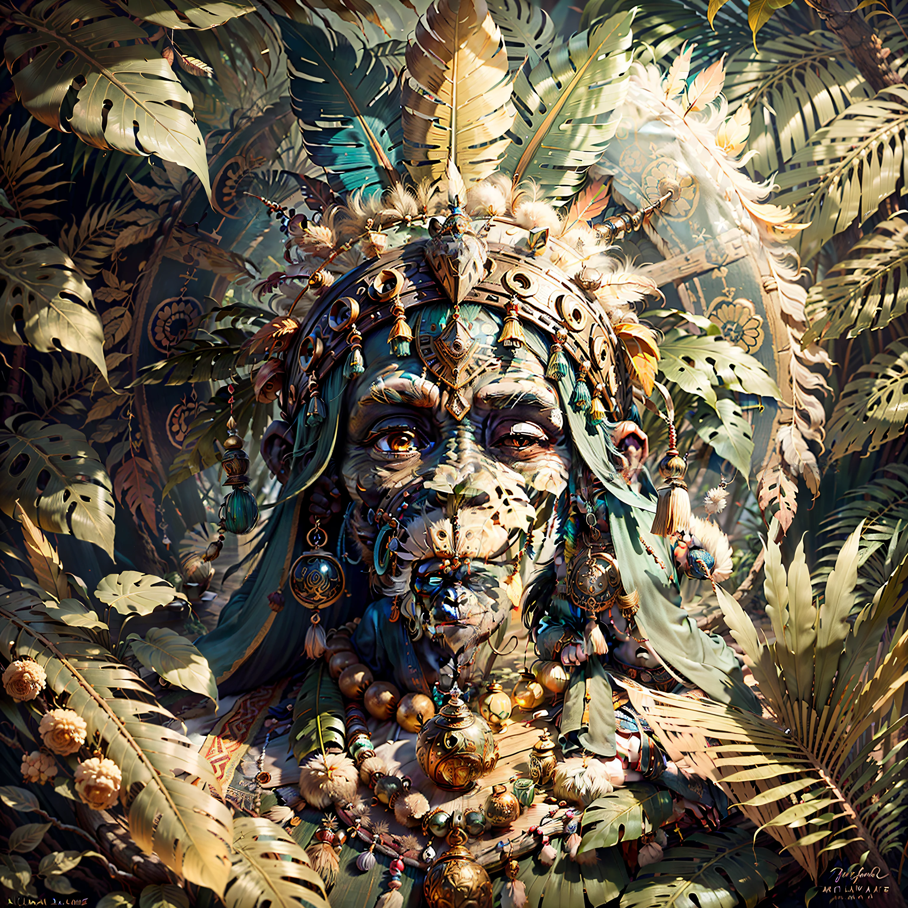 Cheerful Chimpanzee Head ((Shaman)),((meditative state),,Shaman, elegant chimpanzee, hair with details, with Indian headdress on head, ((meditating)) many colorful feathers, colored feathers, facing the camera, detail: dense tropical foliage, highly detailed intricate, ((masterpiece)), ultra hyperrealistic, masterpiece