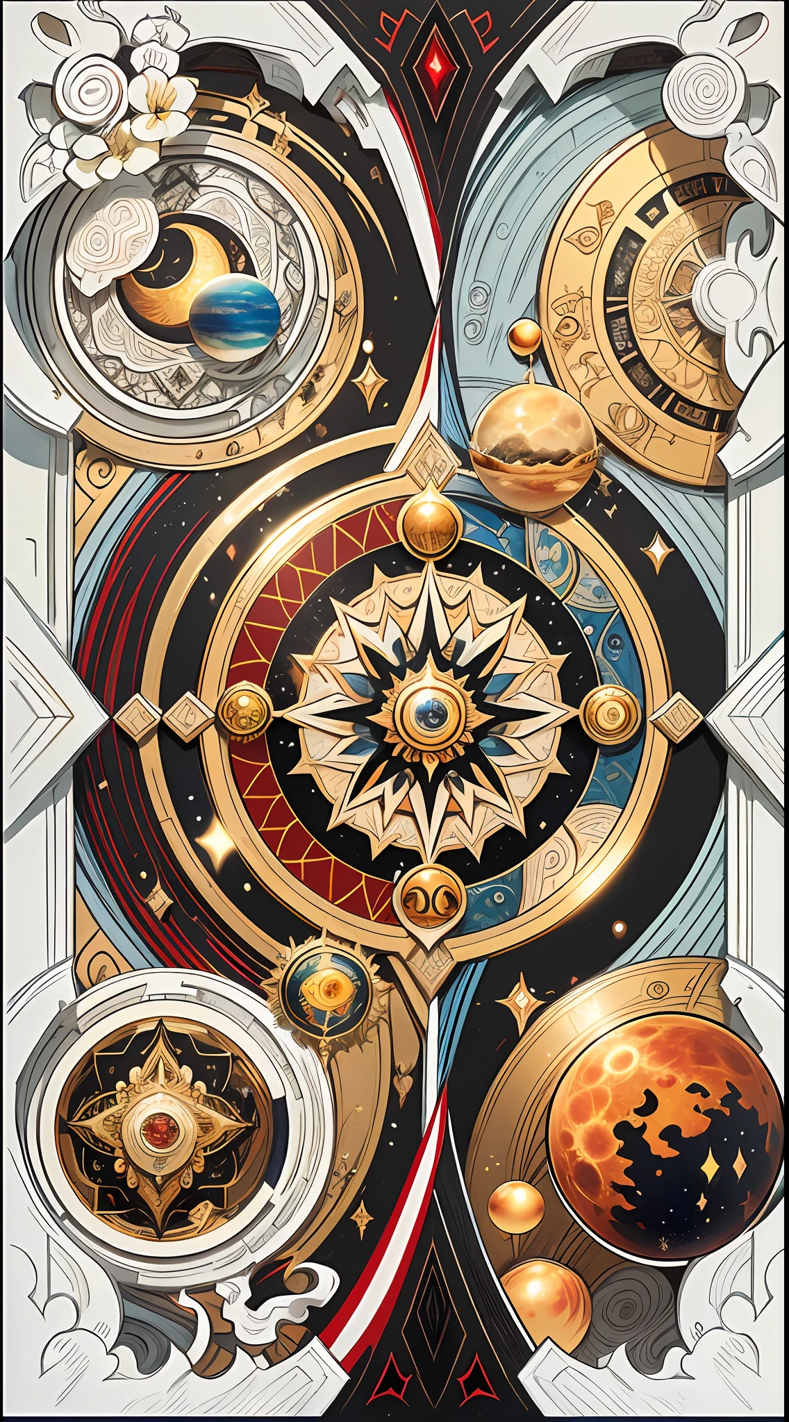 official art, 8k unit wallpaper, ultra detailed, beautiful and aesthetic, high quality, beautiful, masterpiece, best quality (zentangle, mandala, tangled, tangled: 0.6), symmetrical, symmetrical, mandala with the symbol of the twelve signs of the zodiac (zodiac symbol: 1.0), symbolization of the planets and orbits, Sun in the center. symmetrical, fibonacci, golden ratio. Supplementary color: black, red, silver, gold, iconographic genshin impact