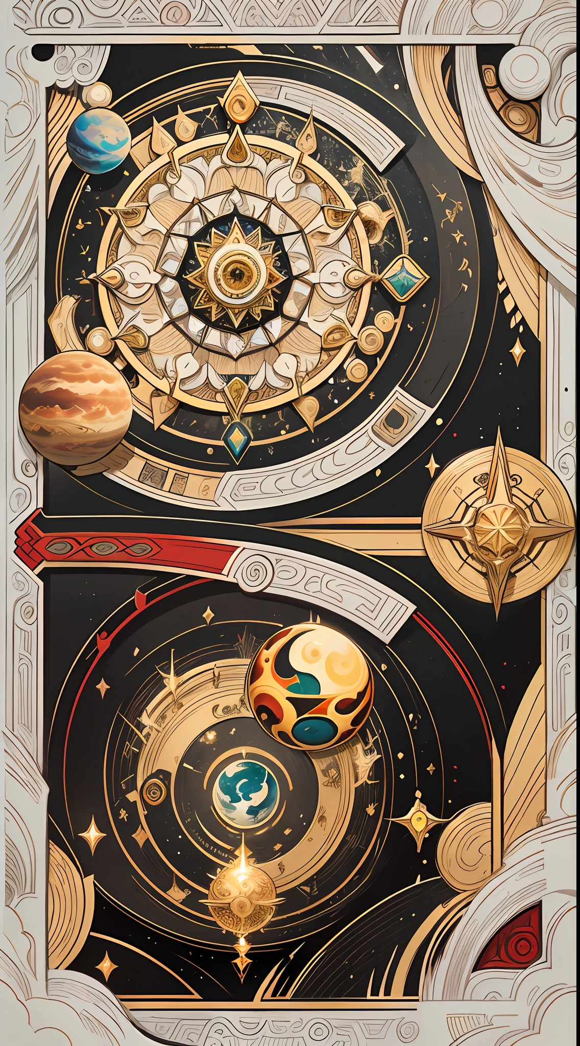 official art, 8k unit wallpaper, ultra detailed, beautiful and aesthetic, high quality, beautiful, masterpiece, best quality (zentangle, mandala, tangled, tangled: 0.6), symmetrical, symmetrical, mandala with the symbol of the twelve signs of the zodiac (zodiac symbol: 1.0), symbolization of the planets and orbits, Sun in the center. symmetrical, fibonacci, golden ratio. Supplementary color: black, red, silver, gold, iconographic genshin impact