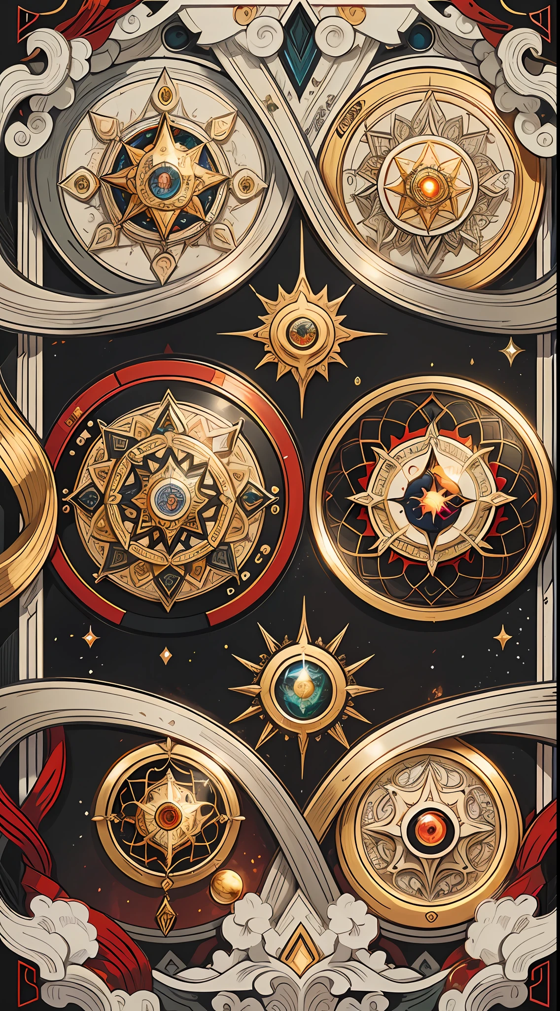 official art, 8k unit wallpaper, ultra detailed, beautiful and aesthetic, high quality, beautiful, masterpiece, best quality (zentangle, mandala, tangled, tangled: 0.6), symmetrical, symmetrical, mandala with the symbol of the twelve signs of the zodiac (zodiac symbol: 1.0), symbolization of the planets and orbits, Sun in the center. symmetrical, fibonacci, golden ratio. Supplementary color: black, red, silver, gold, iconographic genshin impact