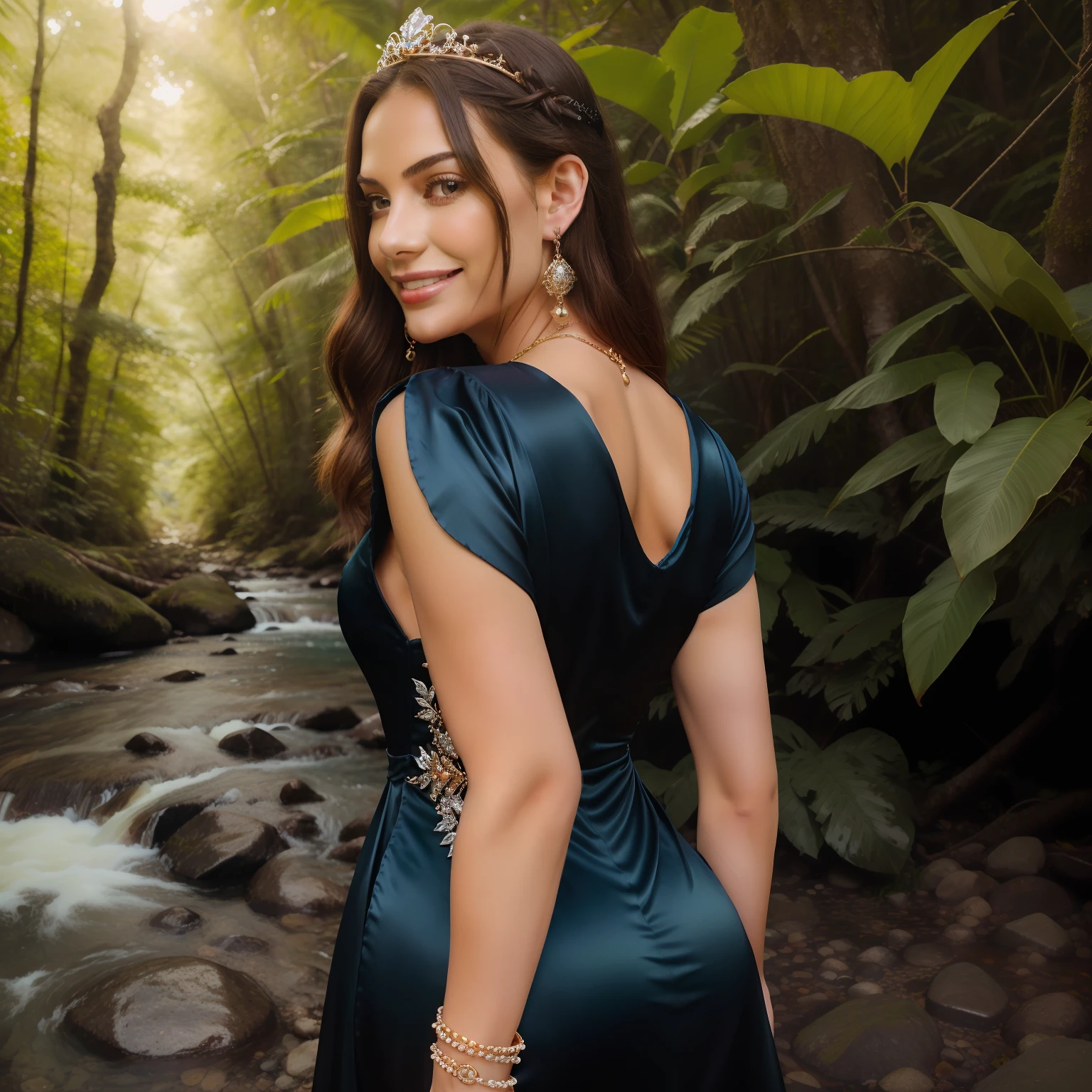 (photorealistic:1.1) best quality, masterpiece, ultra high res, 1girl, Beautiful young woman looking back over her shoulder and smiling while hiking next to a stream in a dense forest, long elegant hair, wearing a red evening gown and hiking boots, wearing black backpack, lush vegetation, beautiful woman, stunning scenery, red satin evening gown (intricately detailed, embellished with rhinestones), sparkling ruby jewelry (tiara, earrings, necklace, bracelet)