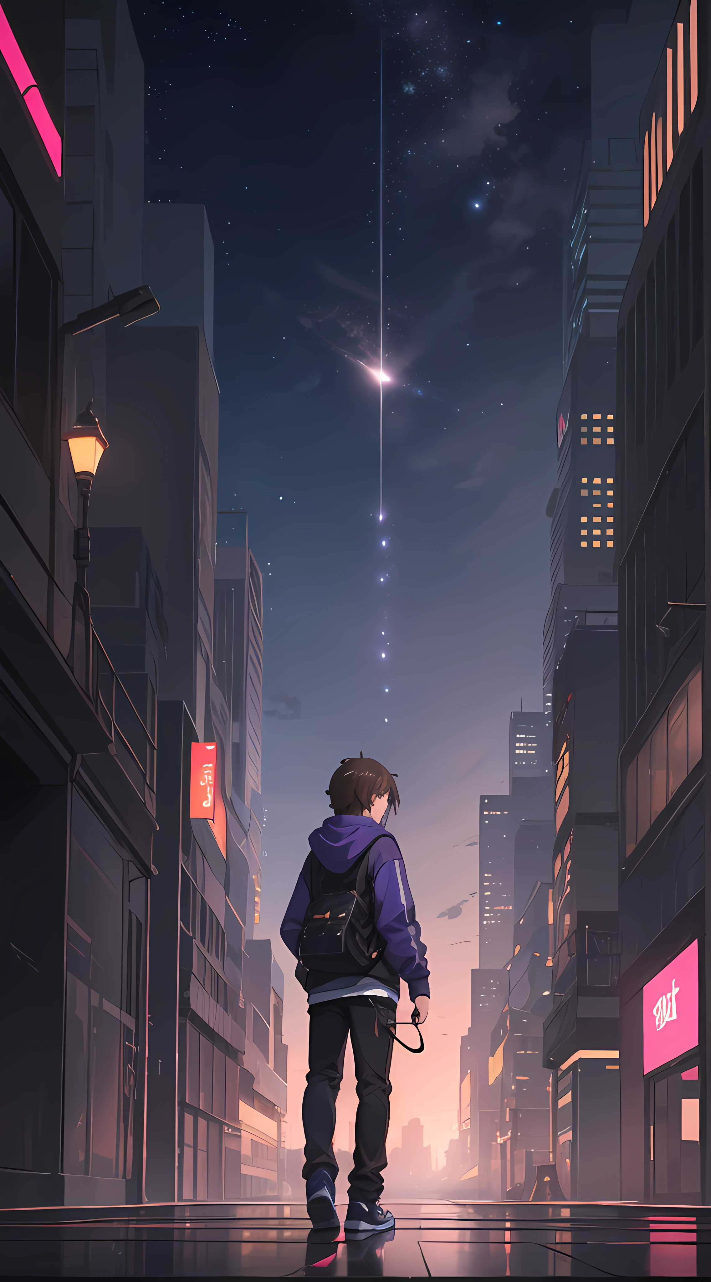 (((Makoto Shinkai style)), pixiv, anime drawing, high quality, highly detailed, a 16-year-old boy in a futuristic city, seen from behind, The boy is wearing a dark purple sweatshirt with lilac lines on the hood, pants black techwear and Nike shoes, pink purple sky, beautiful scene skyscrapers and bright lights, starry sky, stars, medium angle of view, specular dispersion),(universe,magic realism,((makoto shinkai style)) ::0.8),[ Artistic atmosphere, futuristic atmosphere :0.8