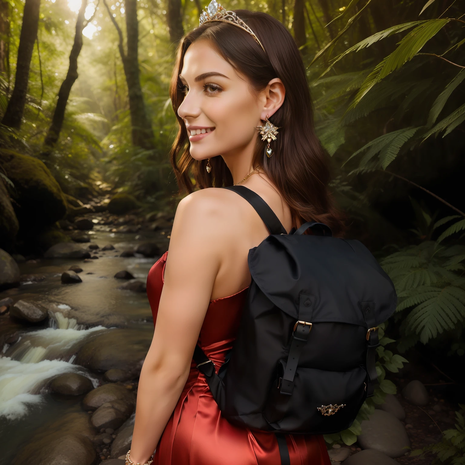 (photorealistic:1.1) best quality, masterpiece, ultra high res, 1girl, Beautiful young woman looking back over her shoulder and smiling while hiking next to a stream in a dense forest, long elegant hair, wearing a red evening gown and hiking boots, ((wearing black backpack)), lush vegetation, beautiful woman, stunning scenery, red satin evening gown (sleeveless, intricately detailed, embellished with rhinestones), sparkling ruby jewelry (tiara, earrings, necklace, bracelet)