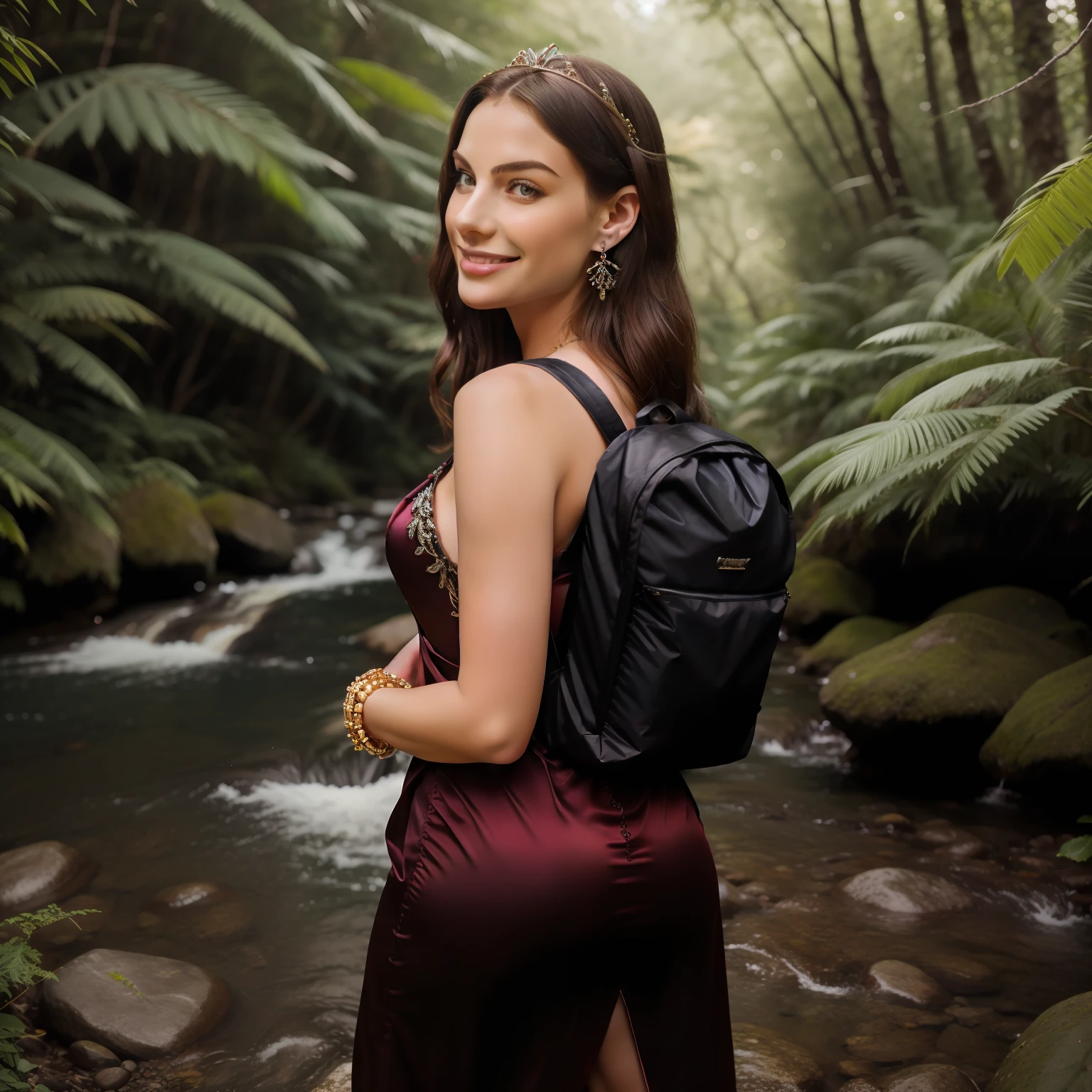 (photorealistic:1.1) best quality, masterpiece, ultra high res, 1girl, Beautiful young woman looking back over her shoulder and smiling while hiking next to a stream in a dense forest, long elegant hair, wearing a red evening gown and hiking boots, ((wearing black backpack)), lush vegetation, beautiful woman, stunning scenery, red satin evening gown (sleeveless, intricately detailed, embellished with rhinestones), sparkling ruby jewelry (tiara, earrings, necklace, bracelet)