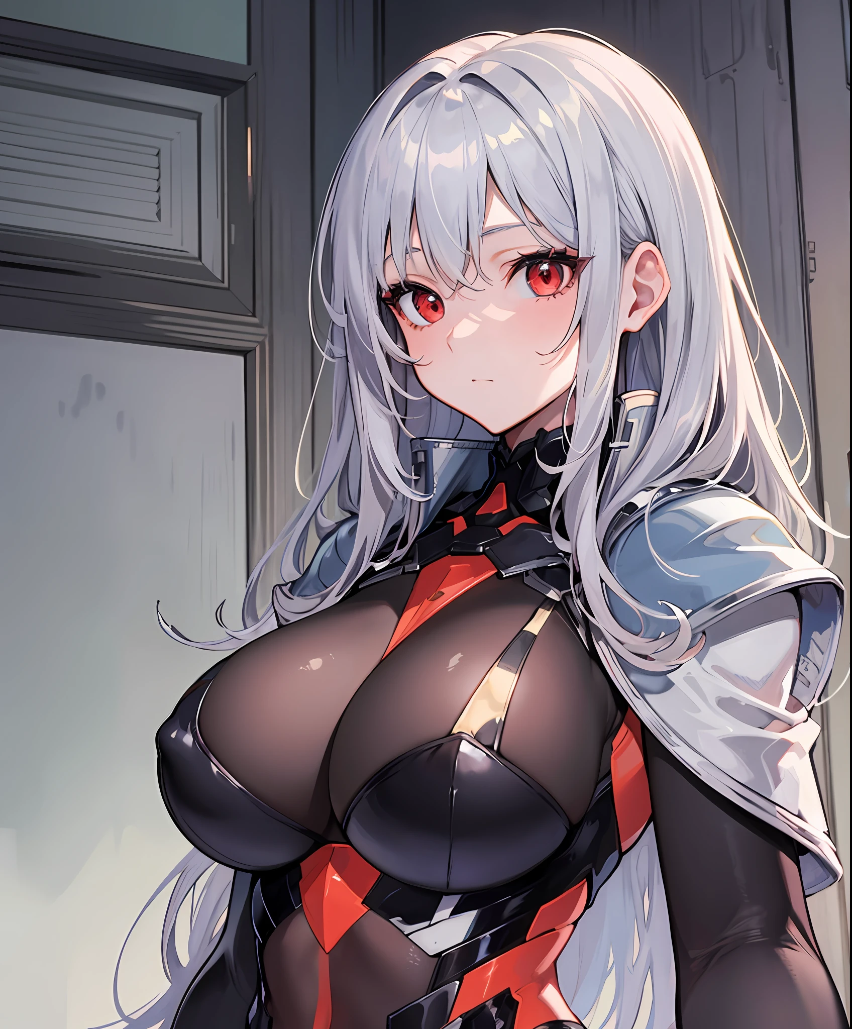 masterpiece, best quality, high_resolution, fine details, very detailed and beautiful, distinct_image, 1 girl, solo, silver-haired,red eyes, (huge), (),(from below),curvy,(chest open),(fit suits)