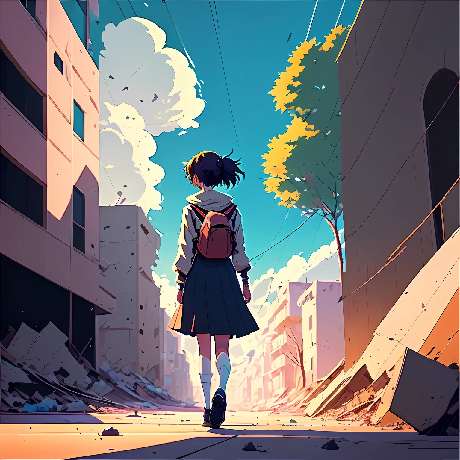 Anime girl walking through a destroyed world, Makoto Shinkai style, anime cloud, Shinkai Makoto style, Makoto Shinkai Makoto Cyril Rolandor style, cosmic sky. by Makoto Shinkai, Makoto Shinkai Style, Makoto Shinkai. Digital rendering, Makoto Shinkai. Octane rendering, masterpieces, masterpieces, illustrations --auto